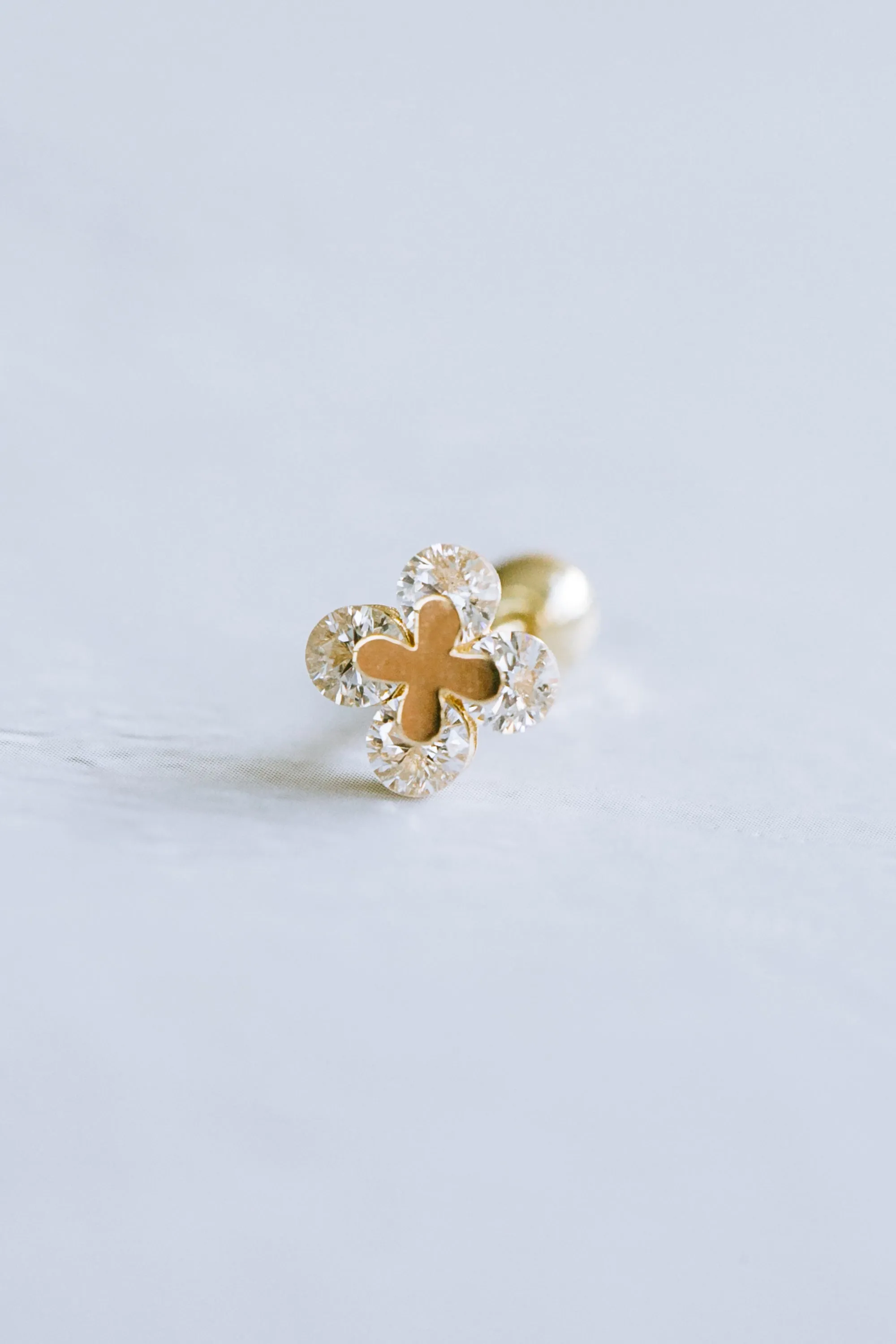 14K GOLD JEWELRY MINIMALIST CZ CUTE SMALL FOUR LEAVES CLOVER BARBELL EAR STUD EARRING PIERCING