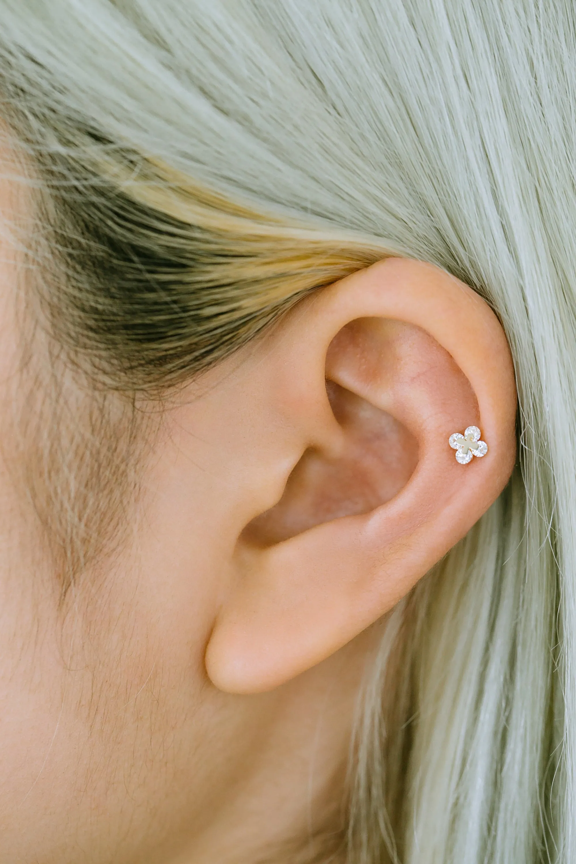 14K GOLD JEWELRY MINIMALIST CZ CUTE SMALL FOUR LEAVES CLOVER BARBELL EAR STUD EARRING PIERCING