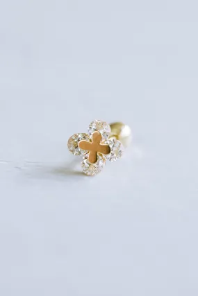 14K GOLD JEWELRY MINIMALIST CZ CUTE SMALL FOUR LEAVES CLOVER BARBELL EAR STUD EARRING PIERCING