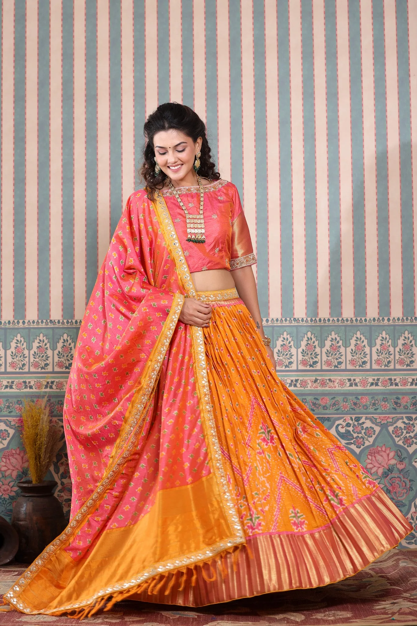 30Z225-RO Orange and Pink Bhandej Printed Lehenga Set With Dupatta