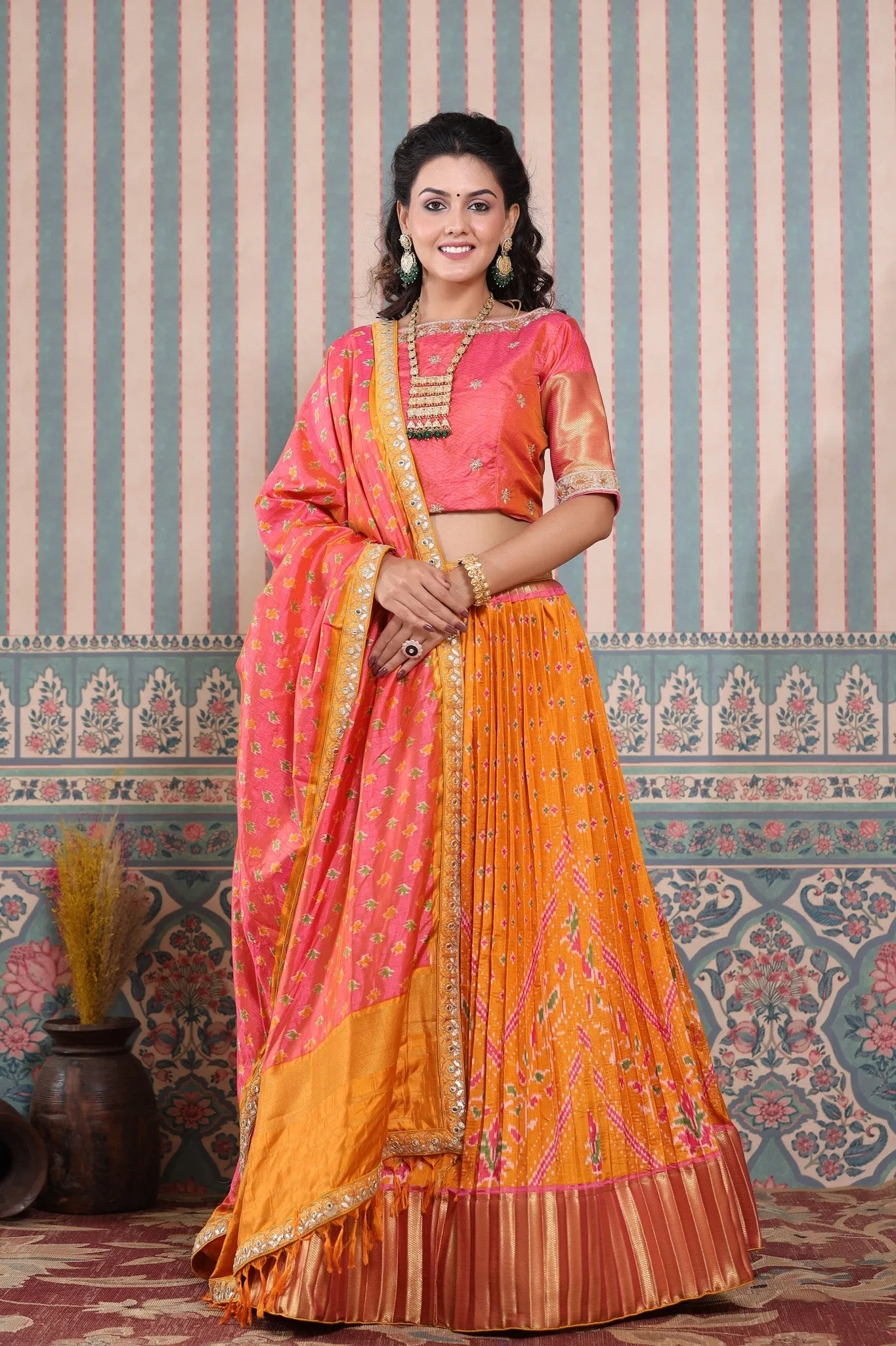 30Z225-RO Orange and Pink Bhandej Printed Lehenga Set With Dupatta