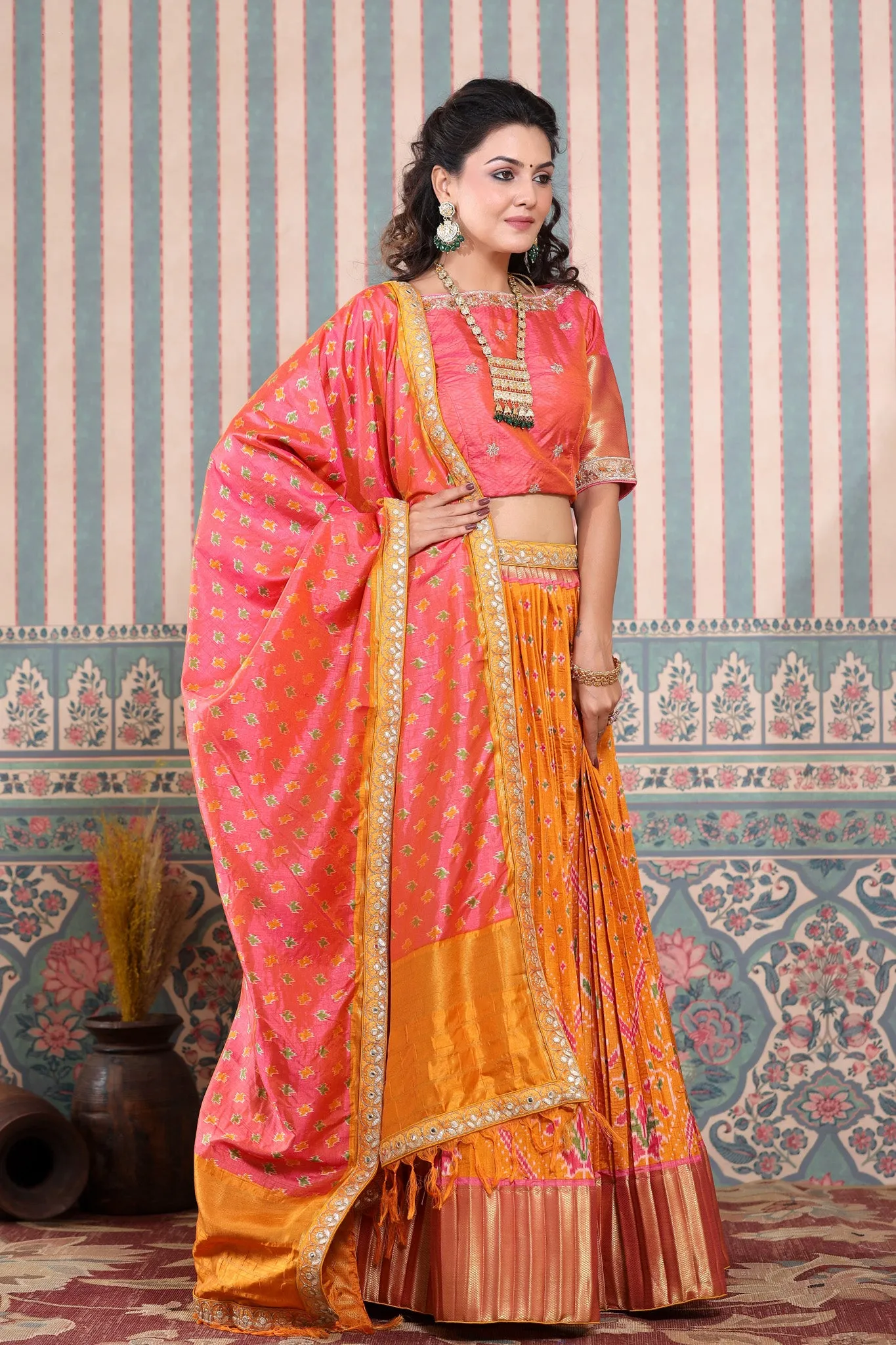 30Z225-RO Orange and Pink Bhandej Printed Lehenga Set With Dupatta