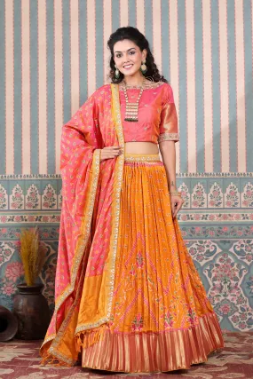 30Z225-RO Orange and Pink Bhandej Printed Lehenga Set With Dupatta