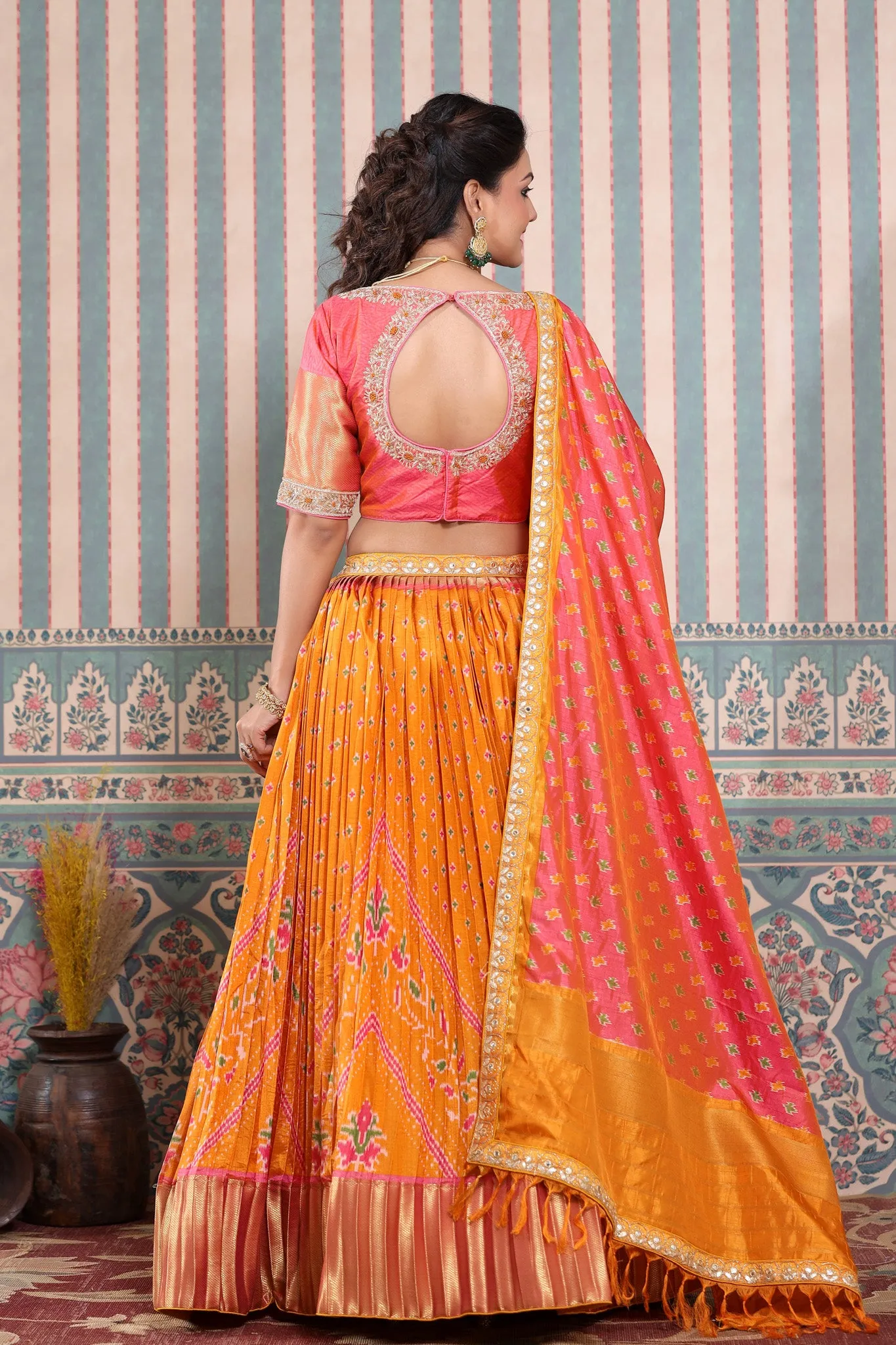 30Z225-RO Orange and Pink Bhandej Printed Lehenga Set With Dupatta