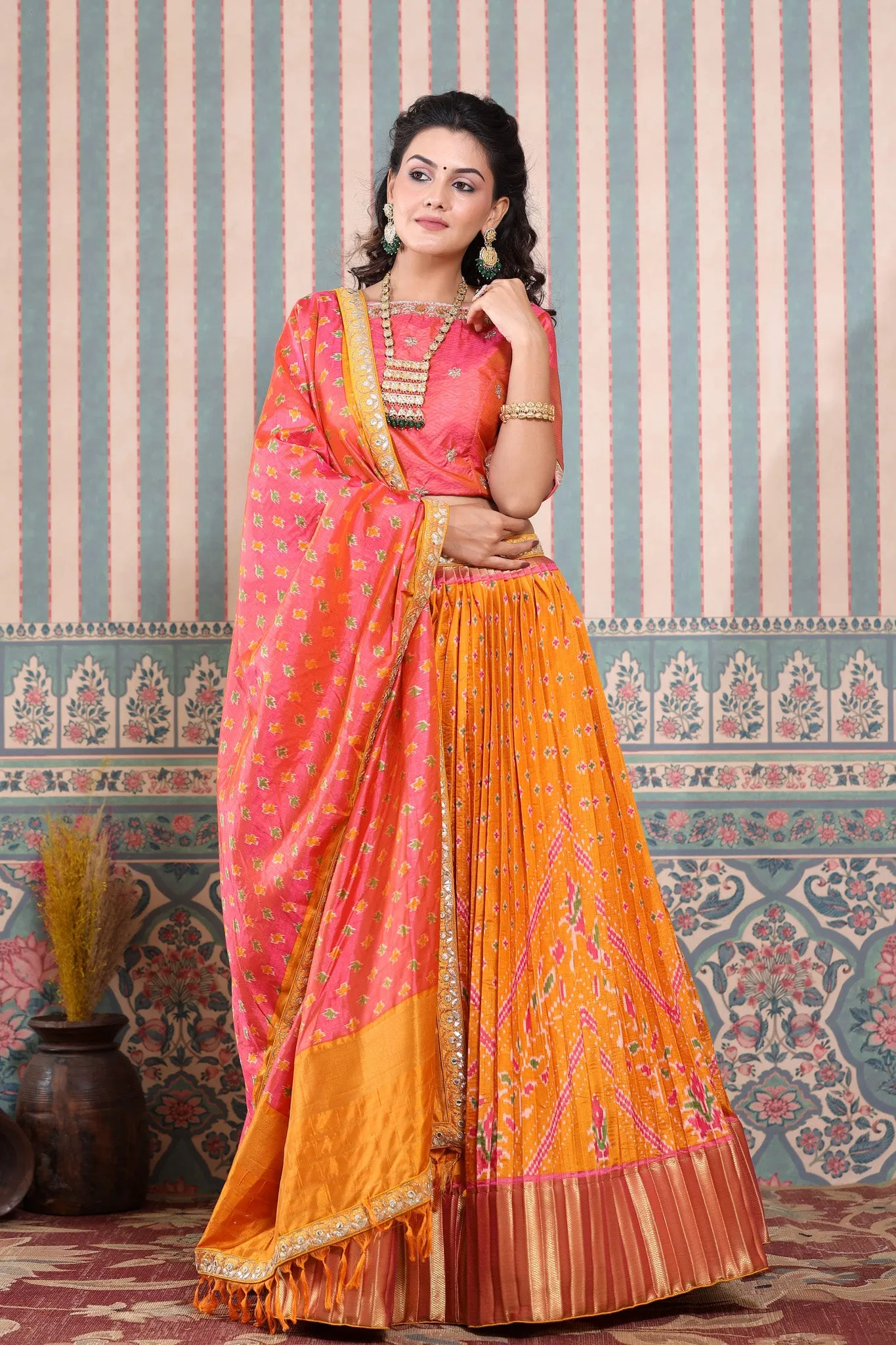 30Z225-RO Orange and Pink Bhandej Printed Lehenga Set With Dupatta