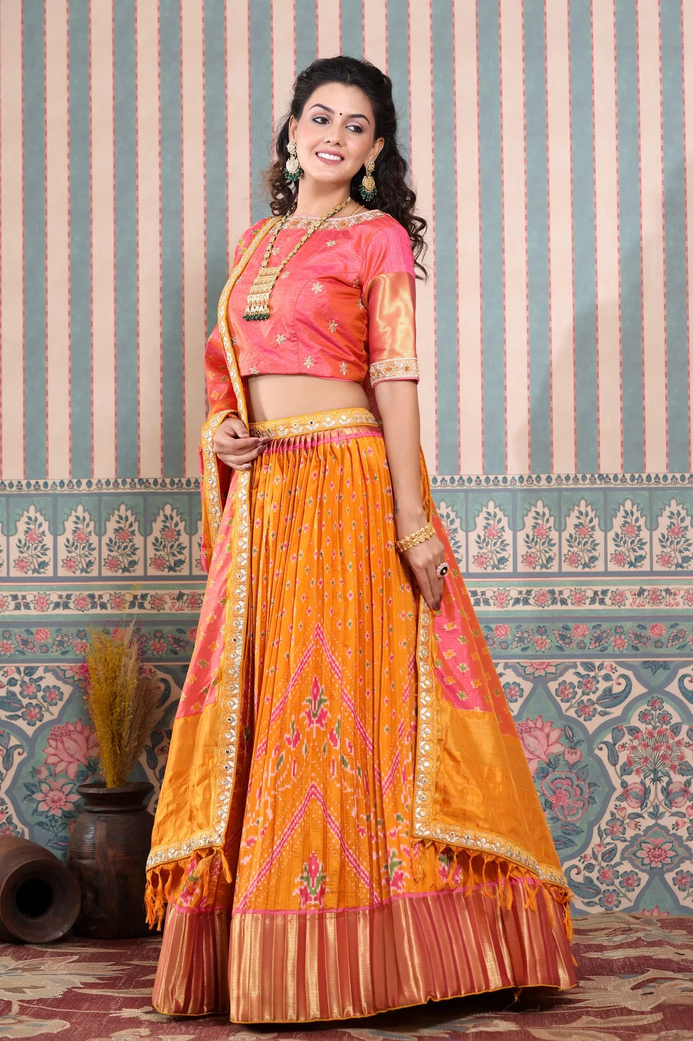 30Z225-RO Orange and Pink Bhandej Printed Lehenga Set With Dupatta