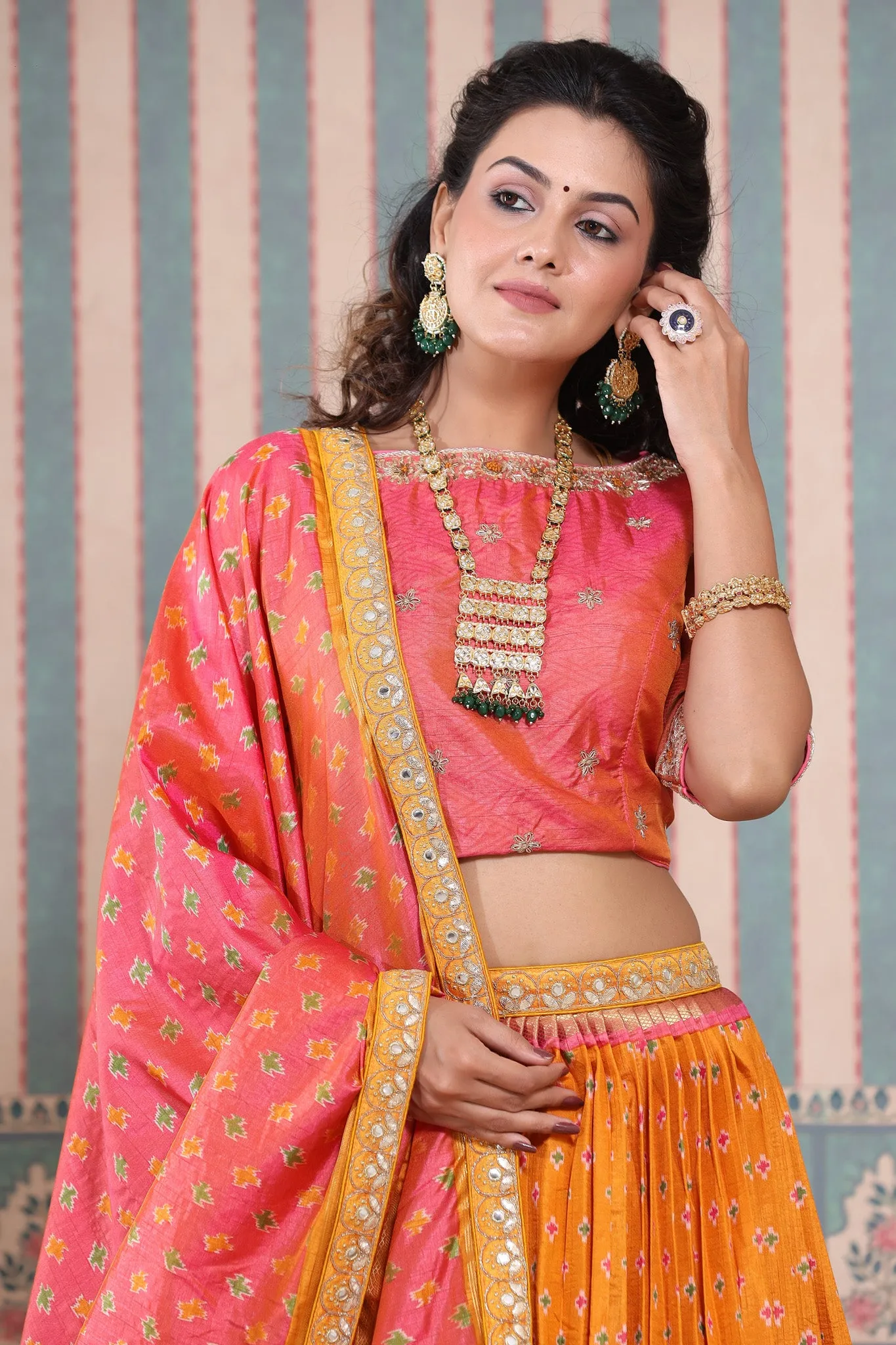 30Z225-RO Orange and Pink Bhandej Printed Lehenga Set With Dupatta