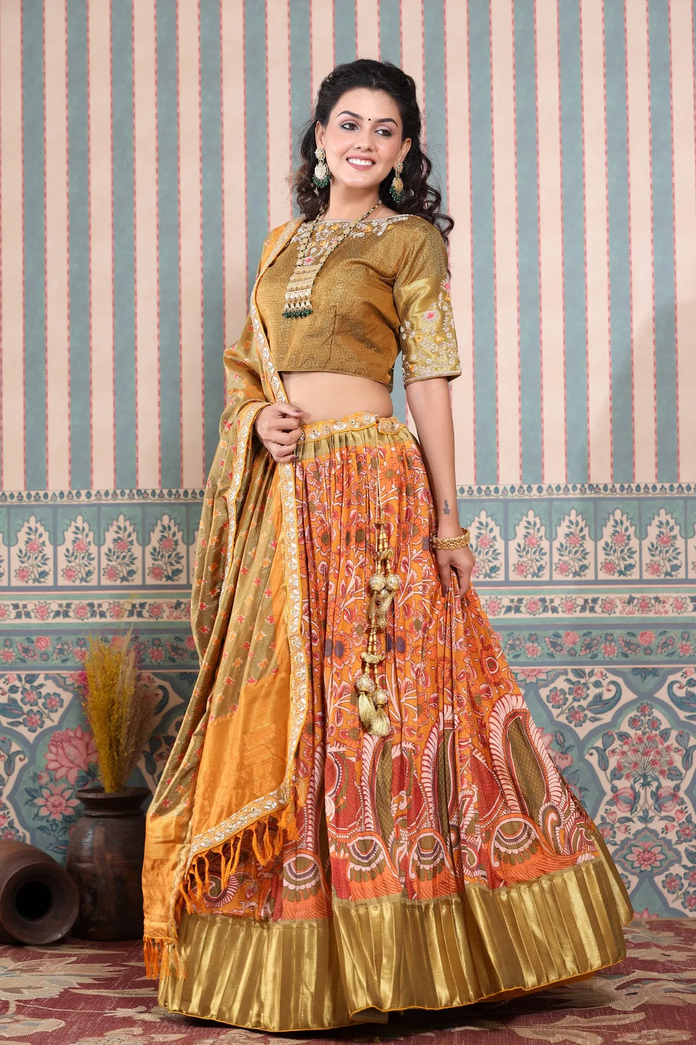 30Z226-RO Multicolor Bhandej Printed Lehenga Set With Dupatta