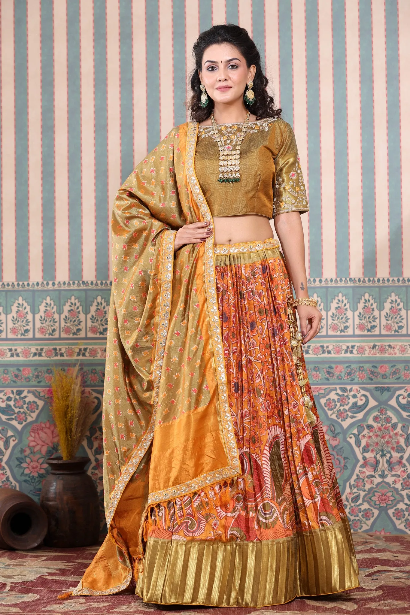 30Z226-RO Multicolor Bhandej Printed Lehenga Set With Dupatta