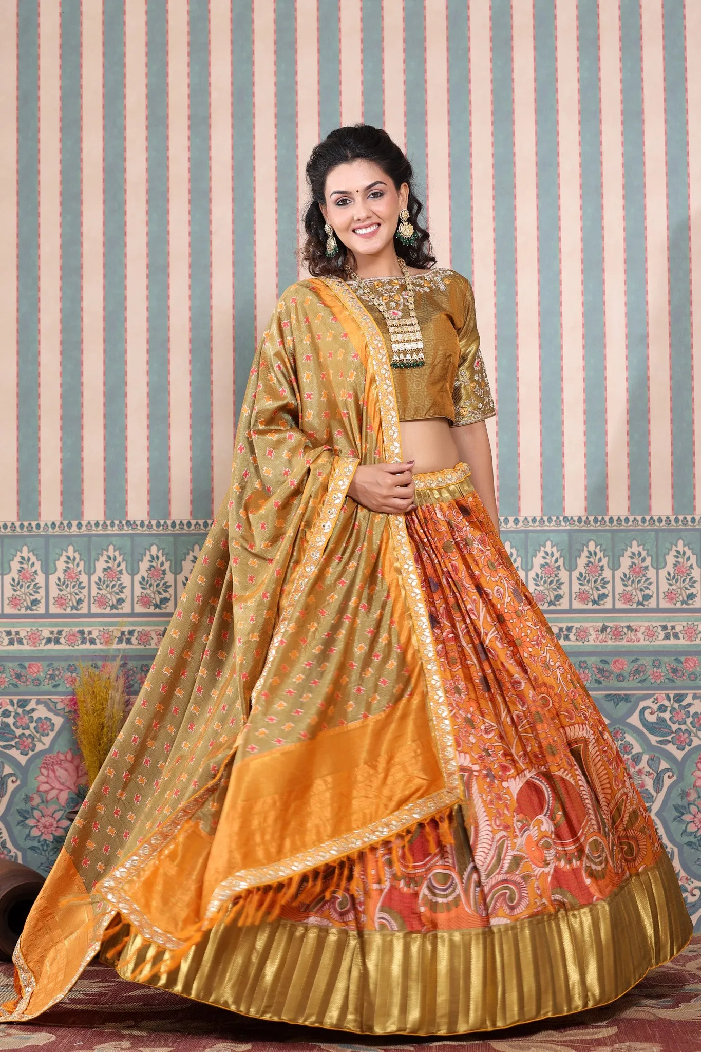 30Z226-RO Multicolor Bhandej Printed Lehenga Set With Dupatta