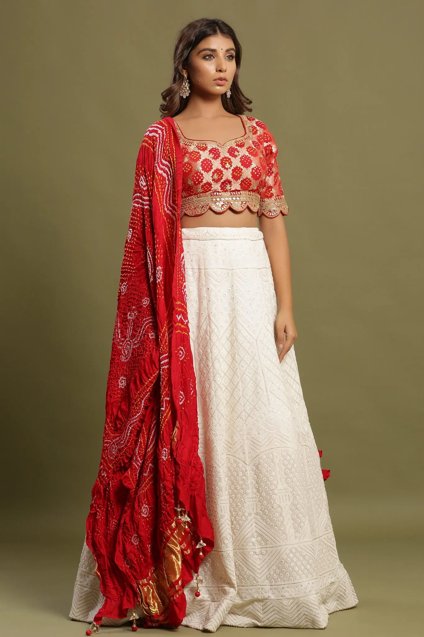 30Z231-RO Red White Silk Lehenga Set With Bandhej Print