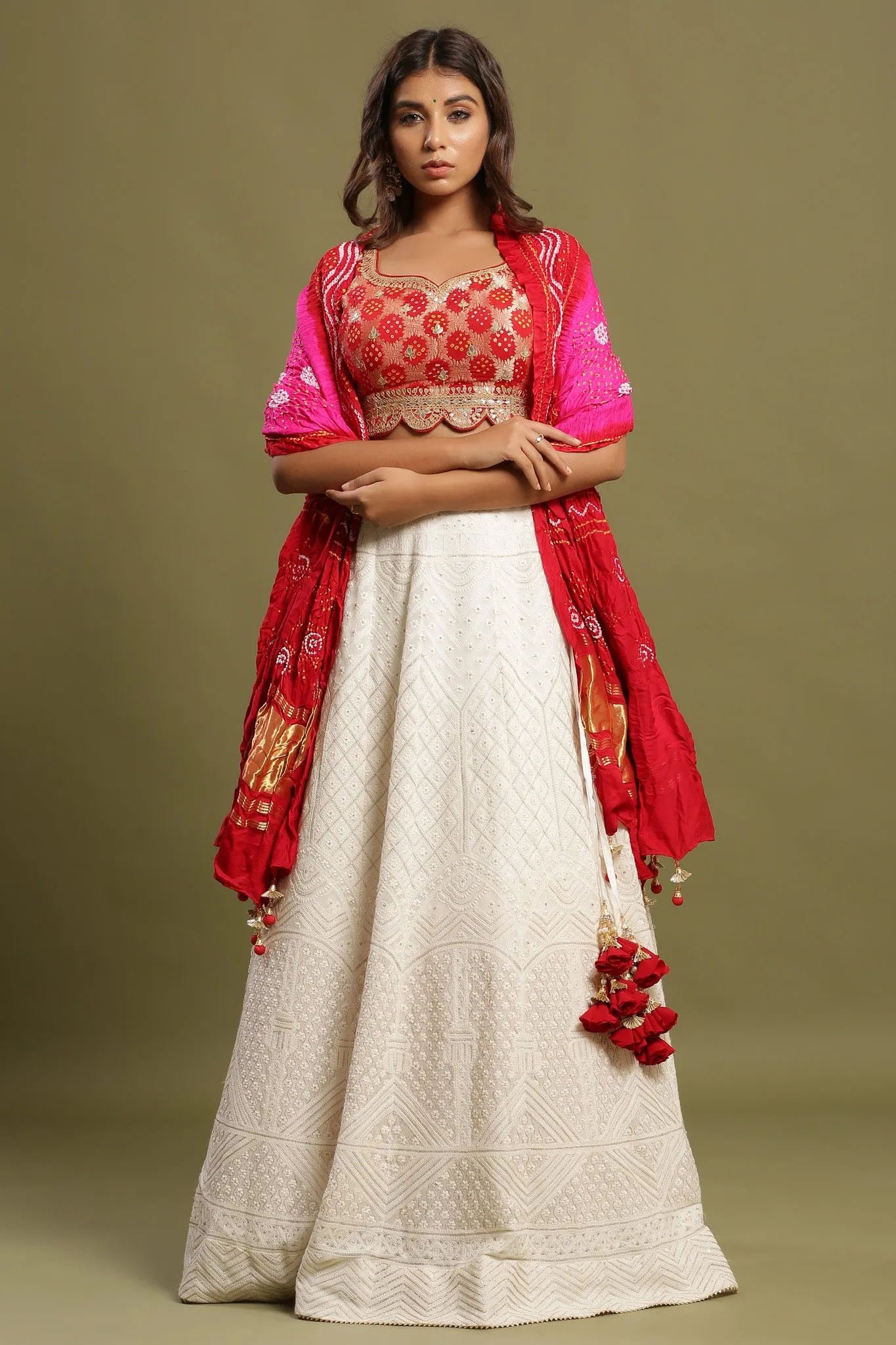 30Z231-RO Red White Silk Lehenga Set With Bandhej Print