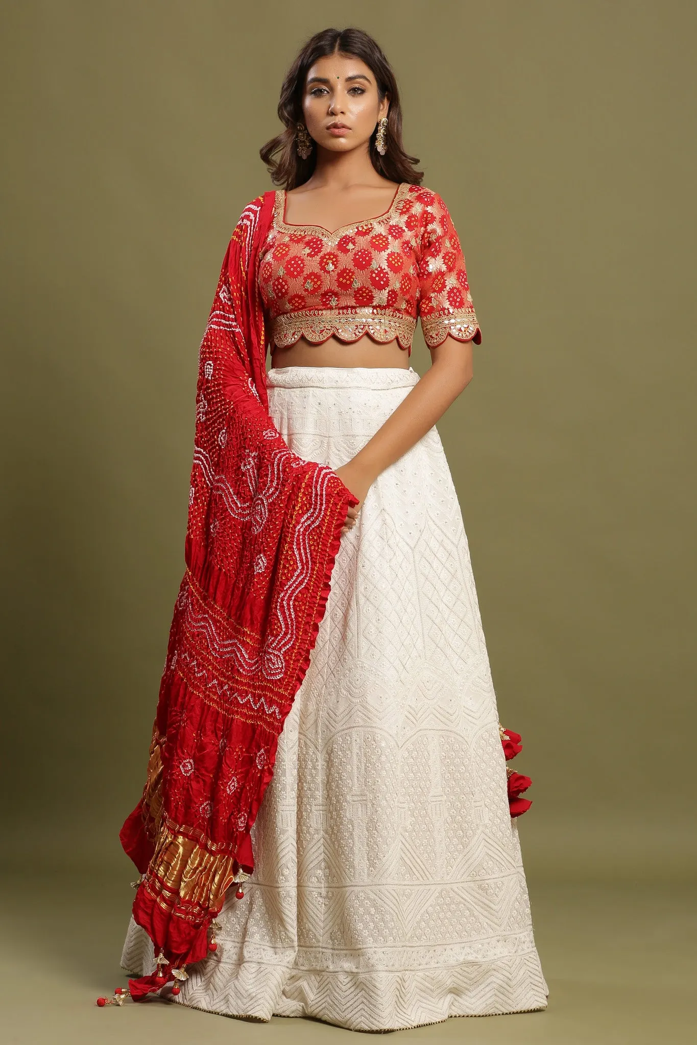 30Z231-RO Red White Silk Lehenga Set With Bandhej Print