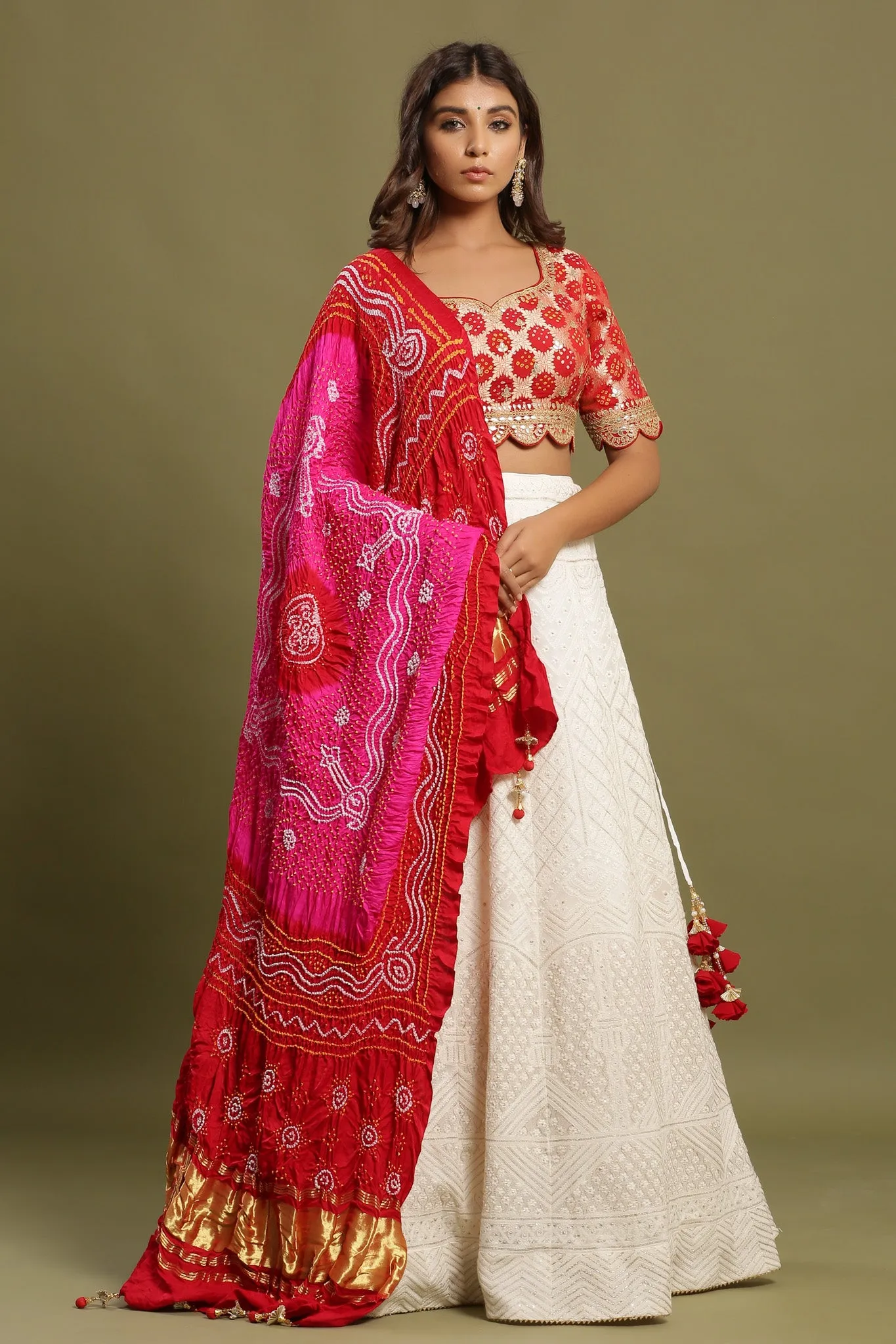 30Z231-RO Red White Silk Lehenga Set With Bandhej Print