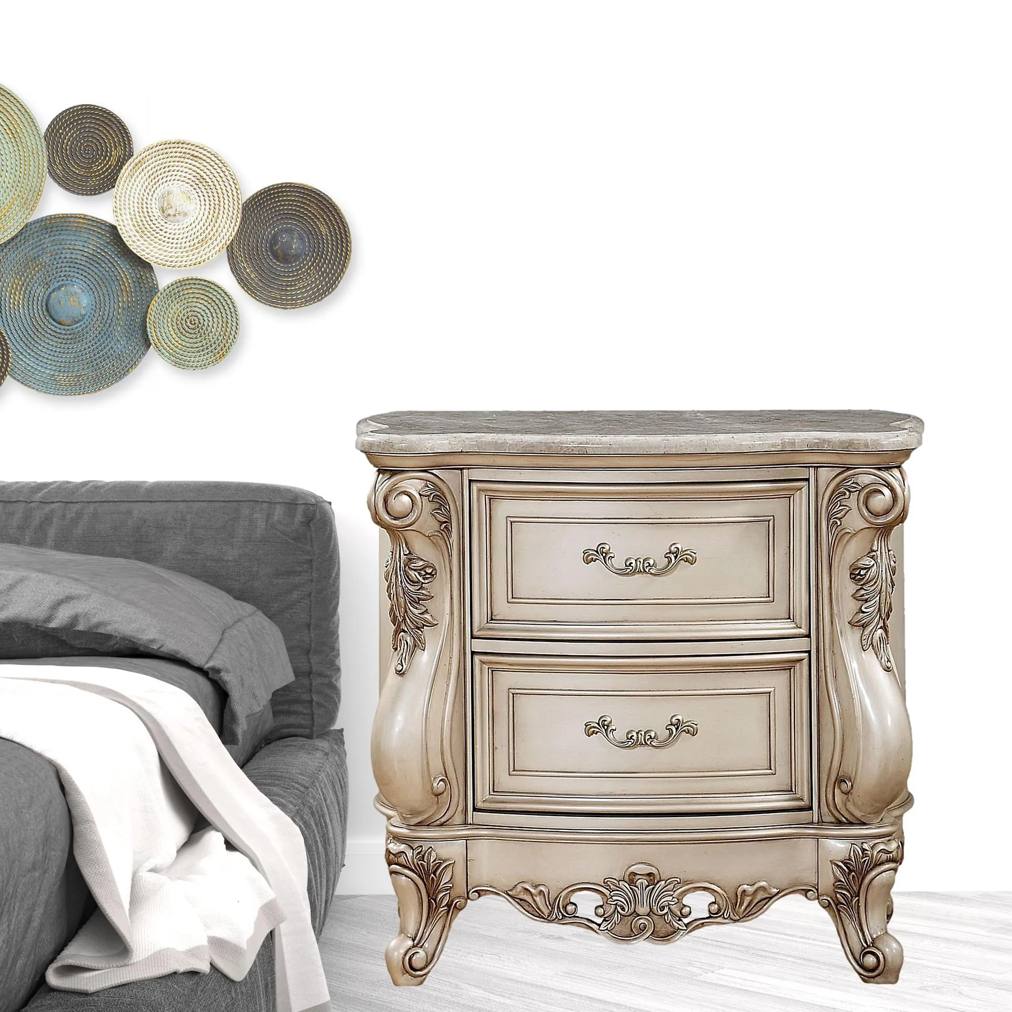 32 Antiqued White Two Drawers Mirrored Nightstand