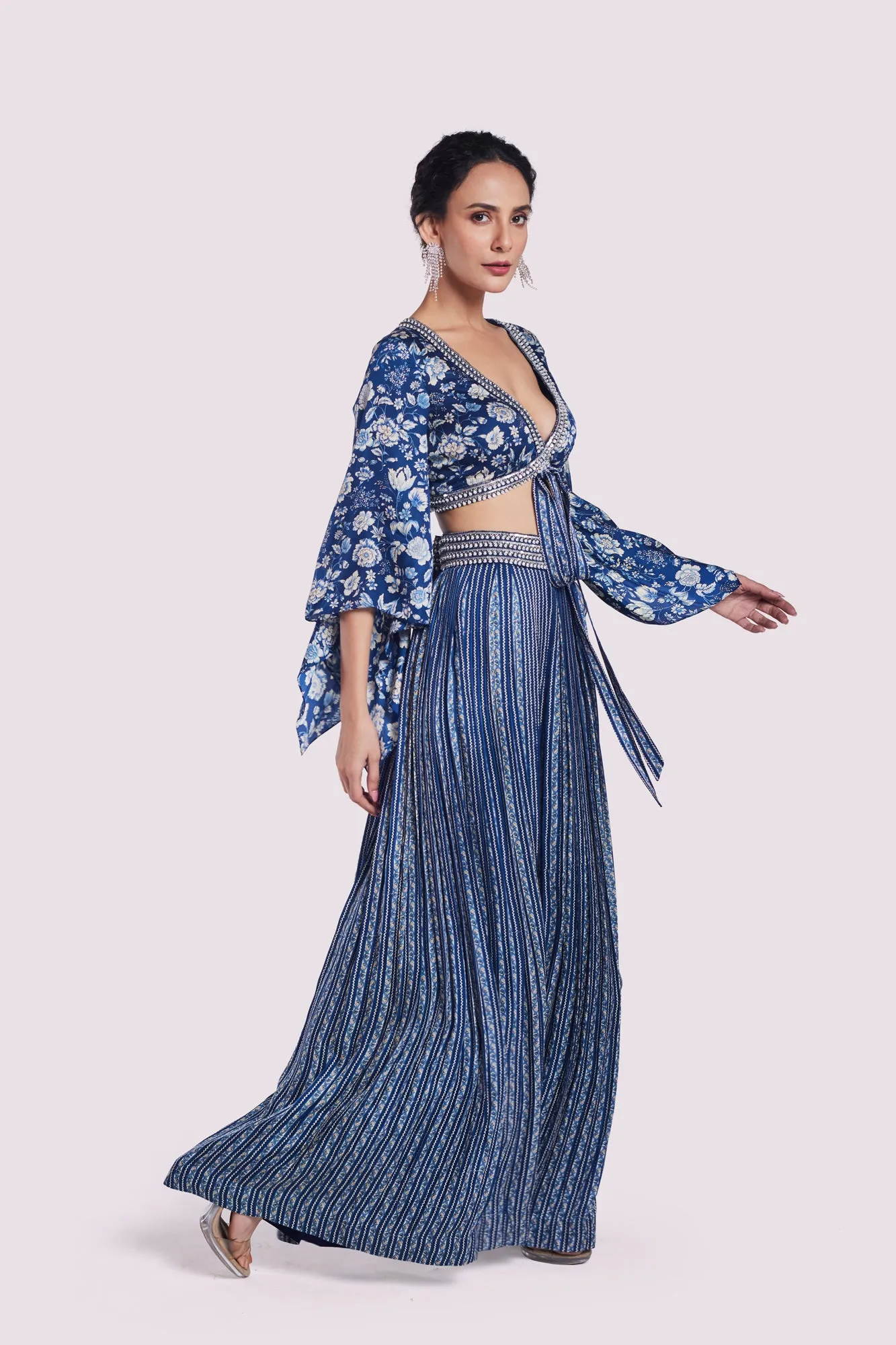 50Z998-RO Navy Blue Printed Satin Palazzo Set