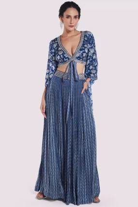 50Z998-RO Navy Blue Printed Satin Palazzo Set