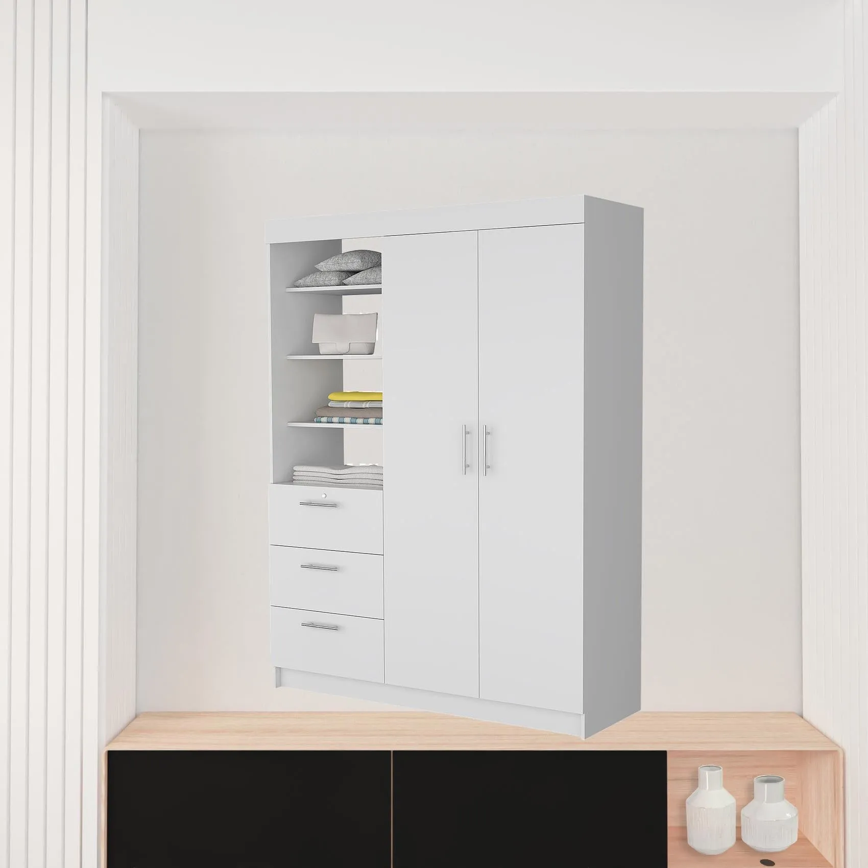 59 White Accent Cabinet Soft Close With Three Shelves And Three Drawers