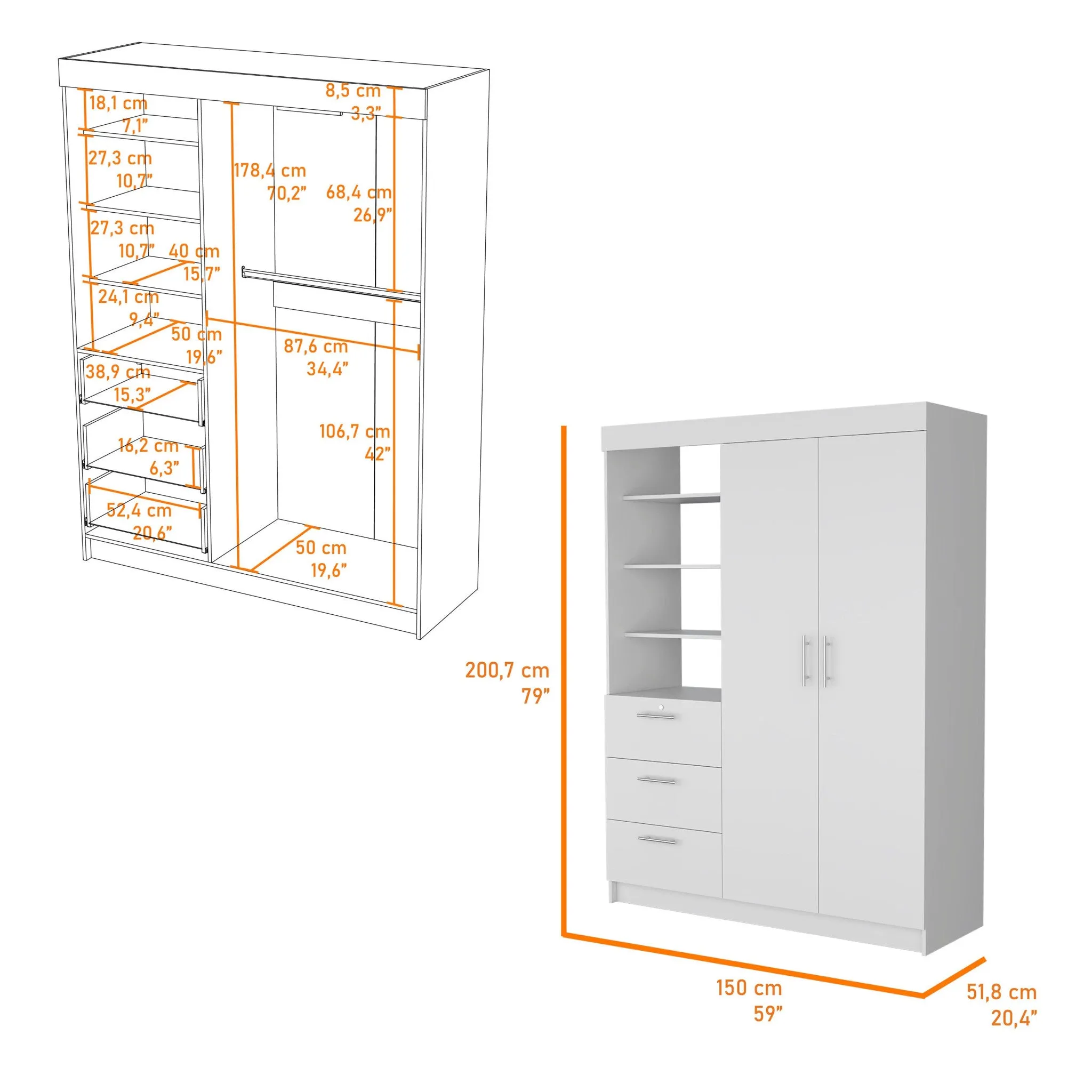 59 White Accent Cabinet Soft Close With Three Shelves And Three Drawers