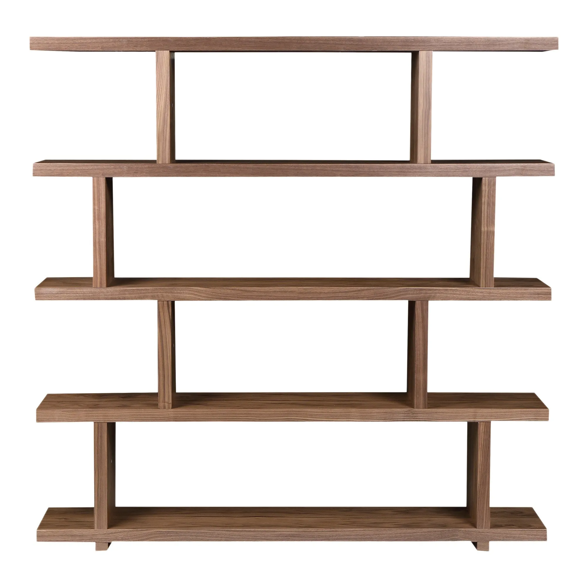 63 Walnut Wood Five Tier Asymmetrical Open Bookcase