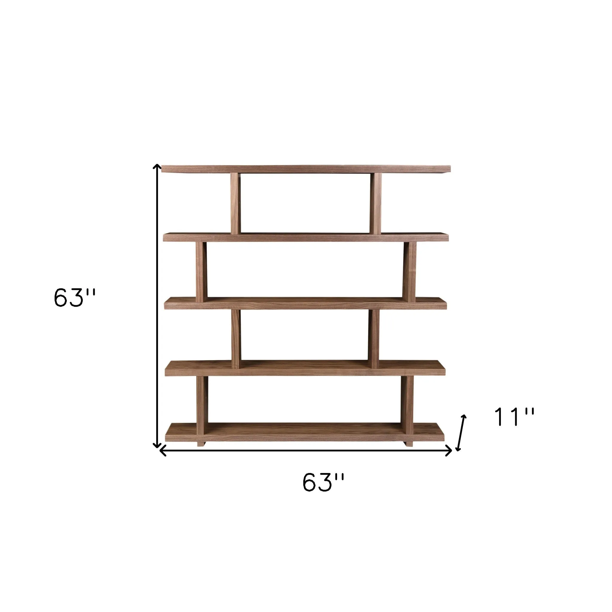 63 Walnut Wood Five Tier Asymmetrical Open Bookcase