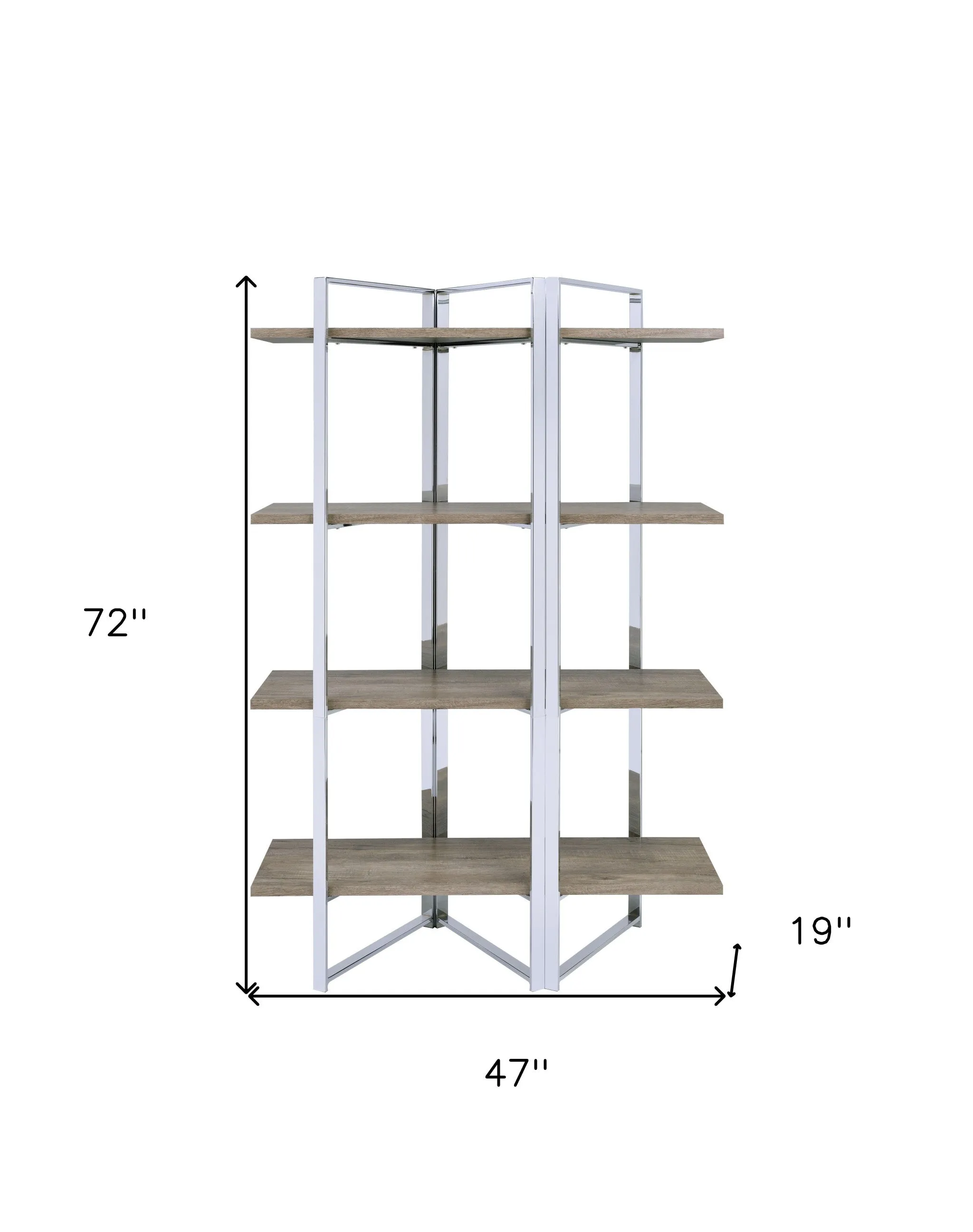 72 Brown and Silver Metal Four Tier Etagere Bookcase