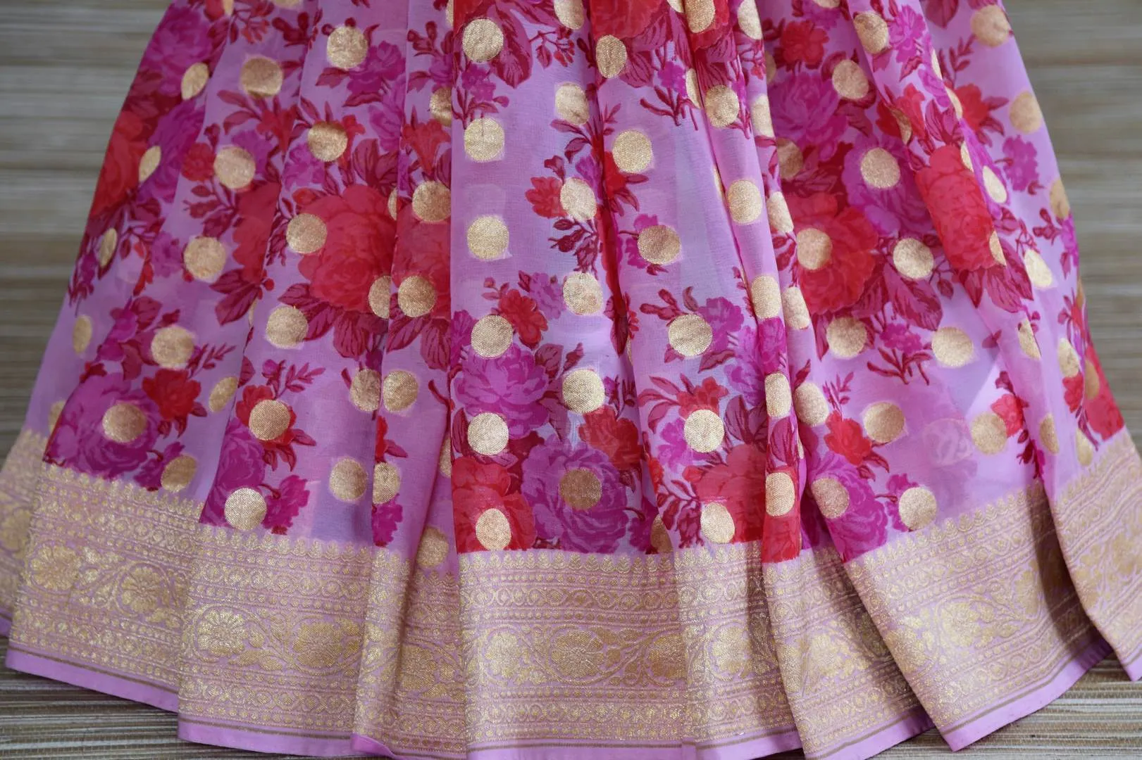 90I502-RO Pink Floral Georgette Banarasi Sari with Zari Border