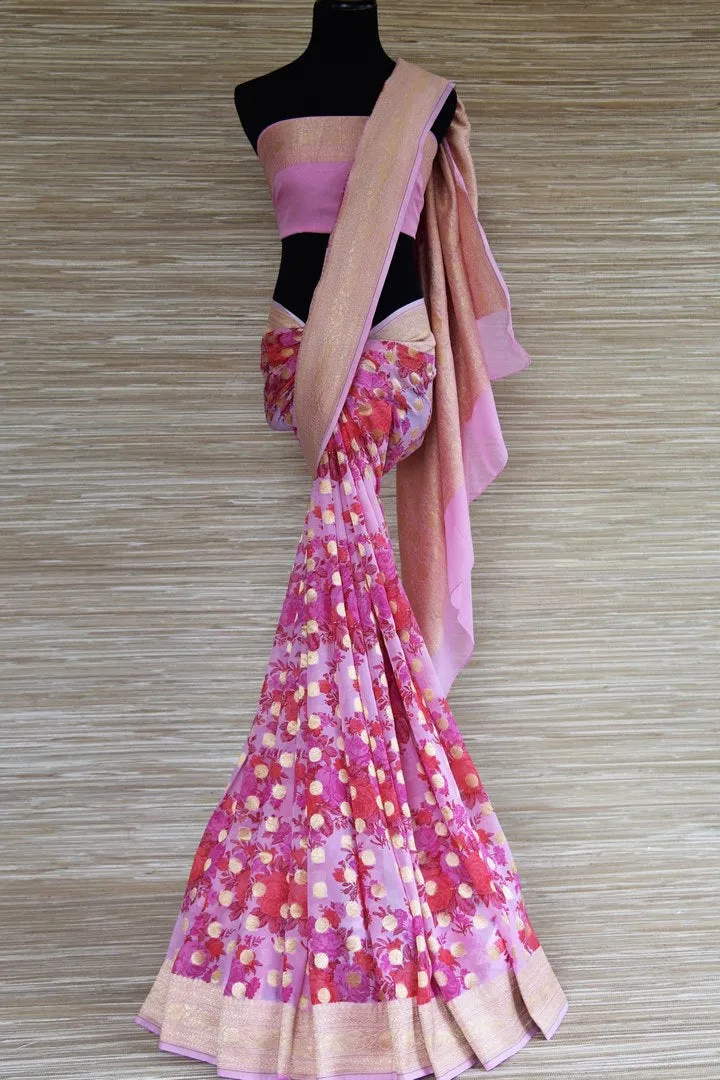 90I502-RO Pink Floral Georgette Banarasi Sari with Zari Border