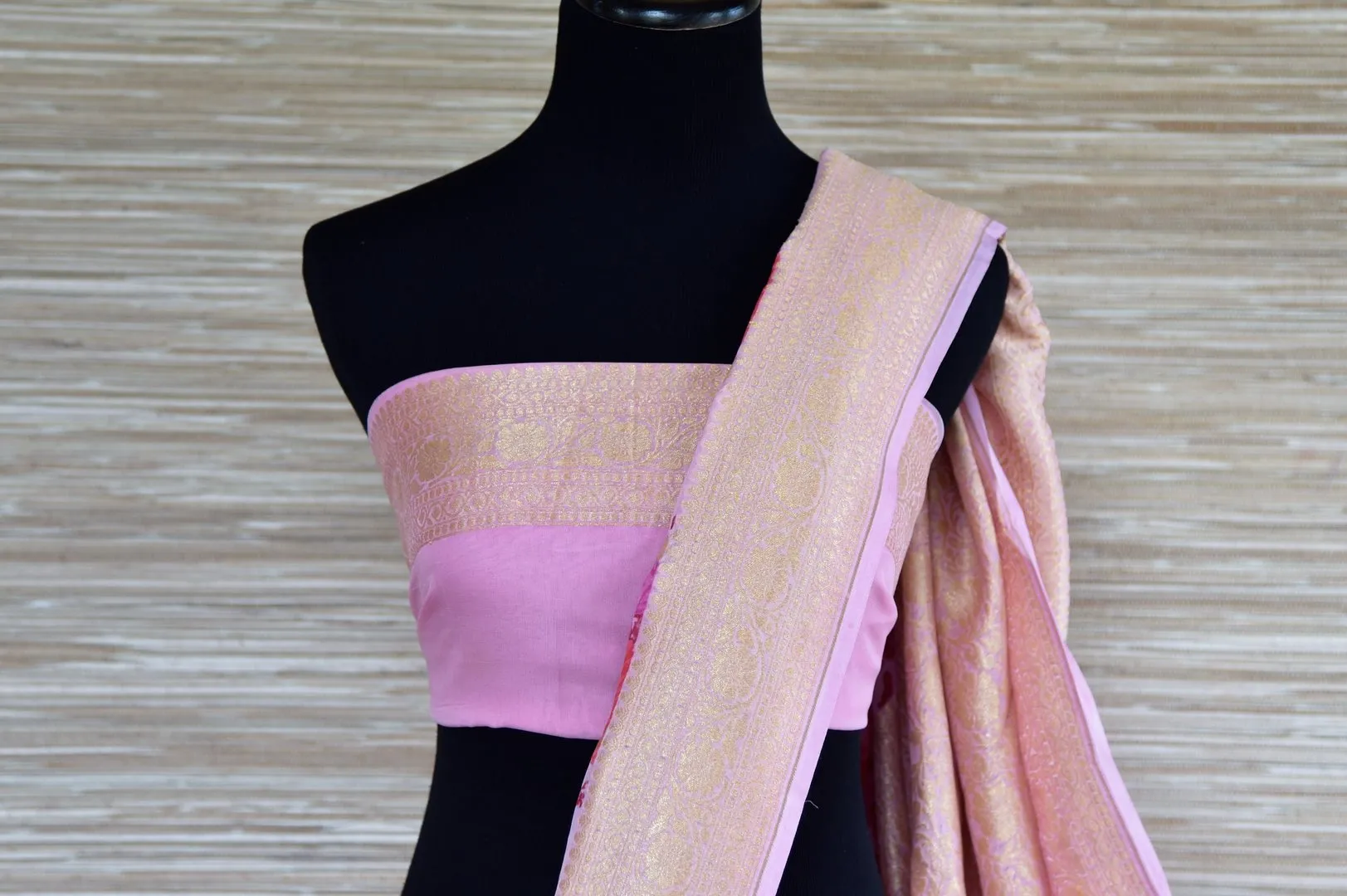 90I502-RO Pink Floral Georgette Banarasi Sari with Zari Border