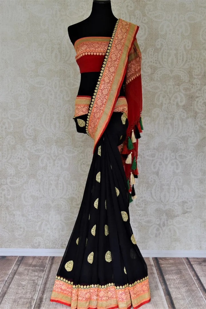 90J001-RO Black Floral Zari Buta Georgette Banarasi Sari