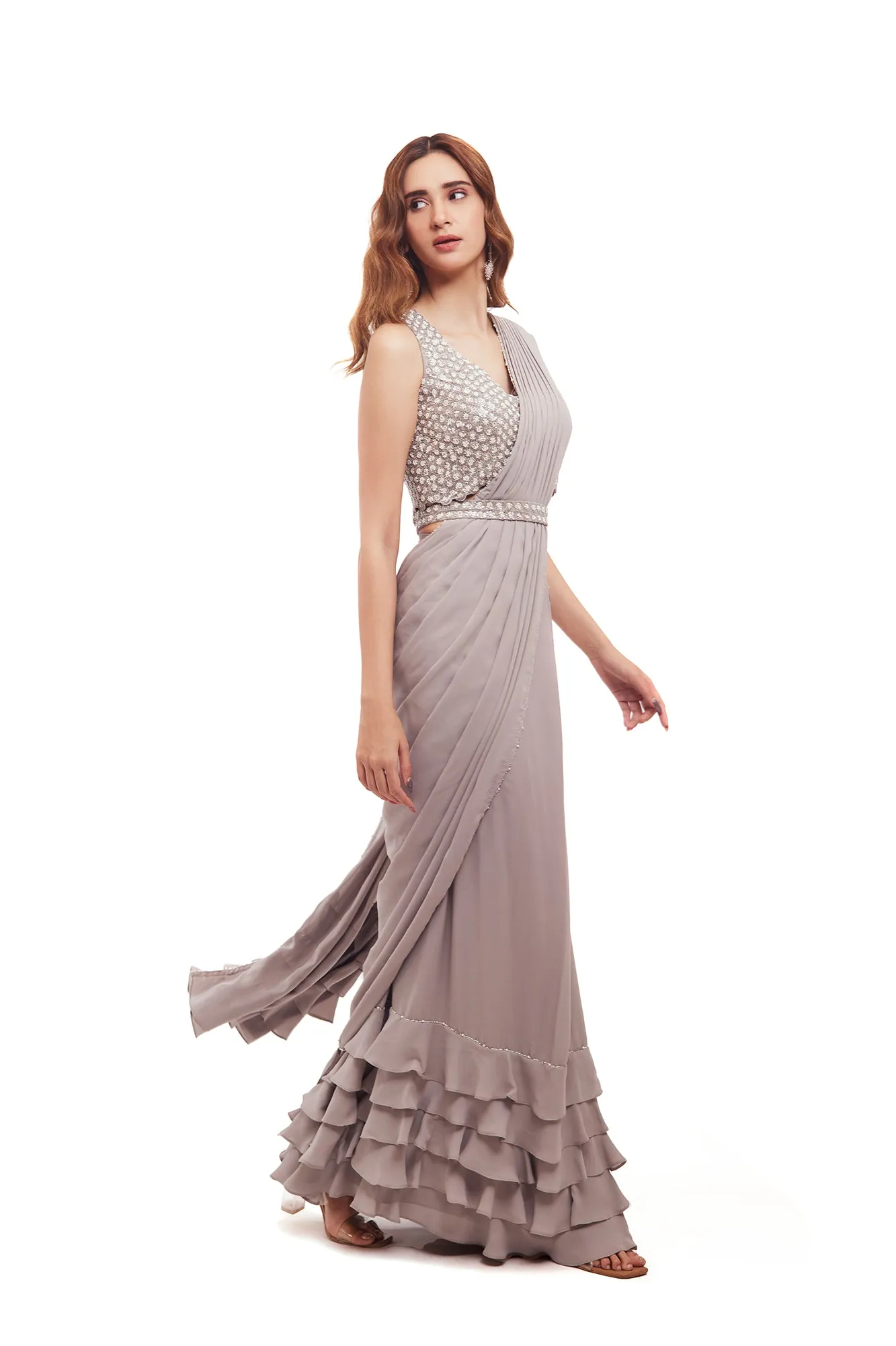 90Y002-RO Grey Georgette Ruffle Drape Saree with Embellished Blouse