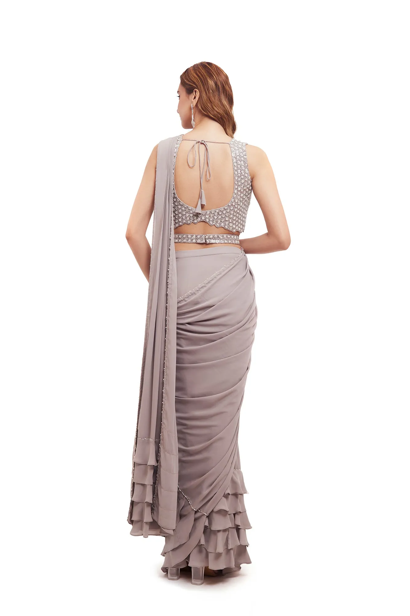 90Y002-RO Grey Georgette Ruffle Drape Saree with Embellished Blouse