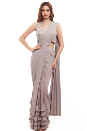 90Y002-RO Grey Georgette Ruffle Drape Saree with Embellished Blouse