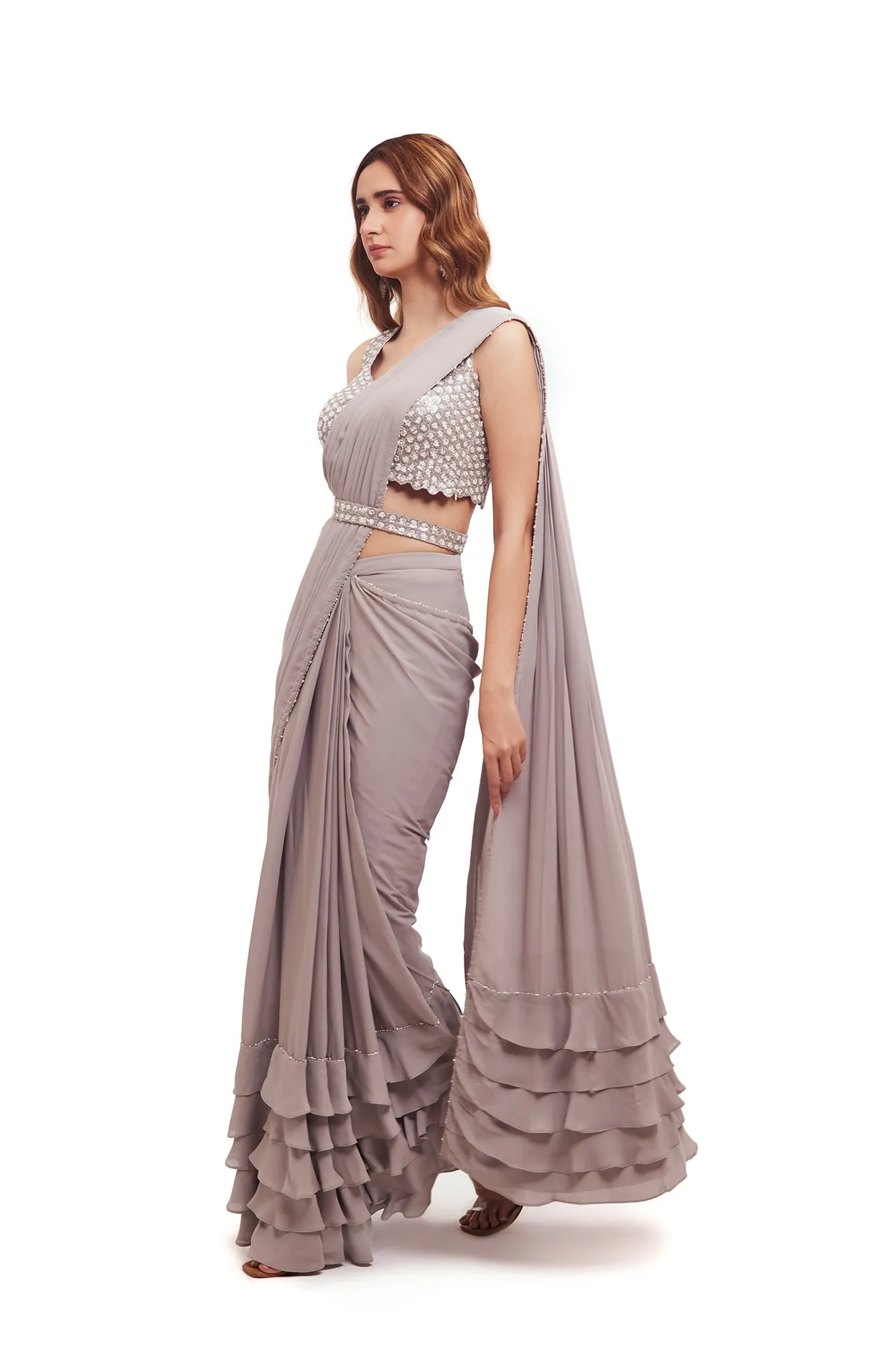 90Y002-RO Grey Georgette Ruffle Drape Saree with Embellished Blouse