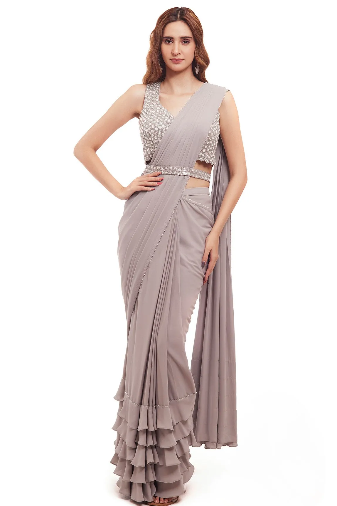 90Y002-RO Grey Georgette Ruffle Drape Saree with Embellished Blouse