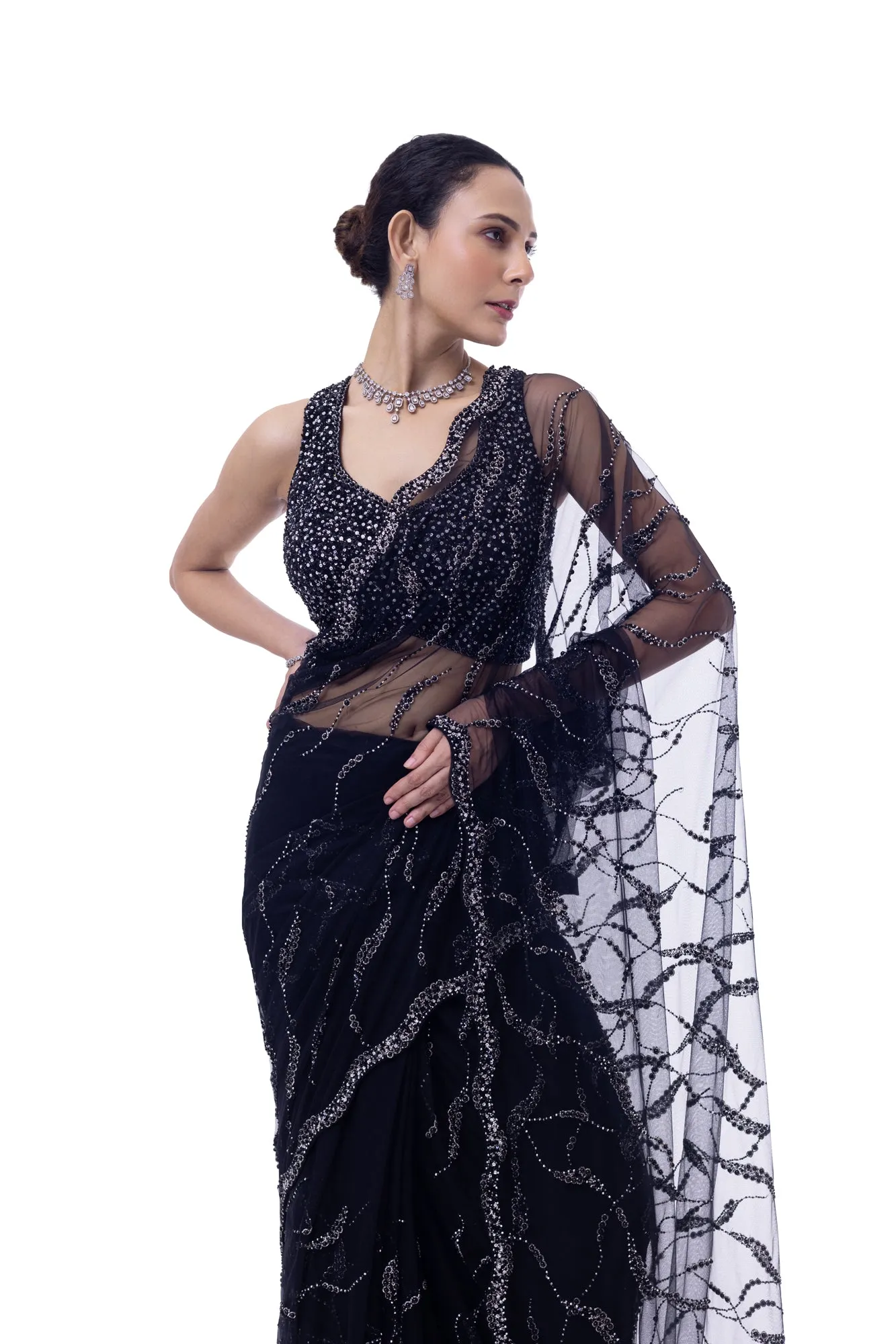 90Y034-RO Black Embroidered Net Saree with Blouse