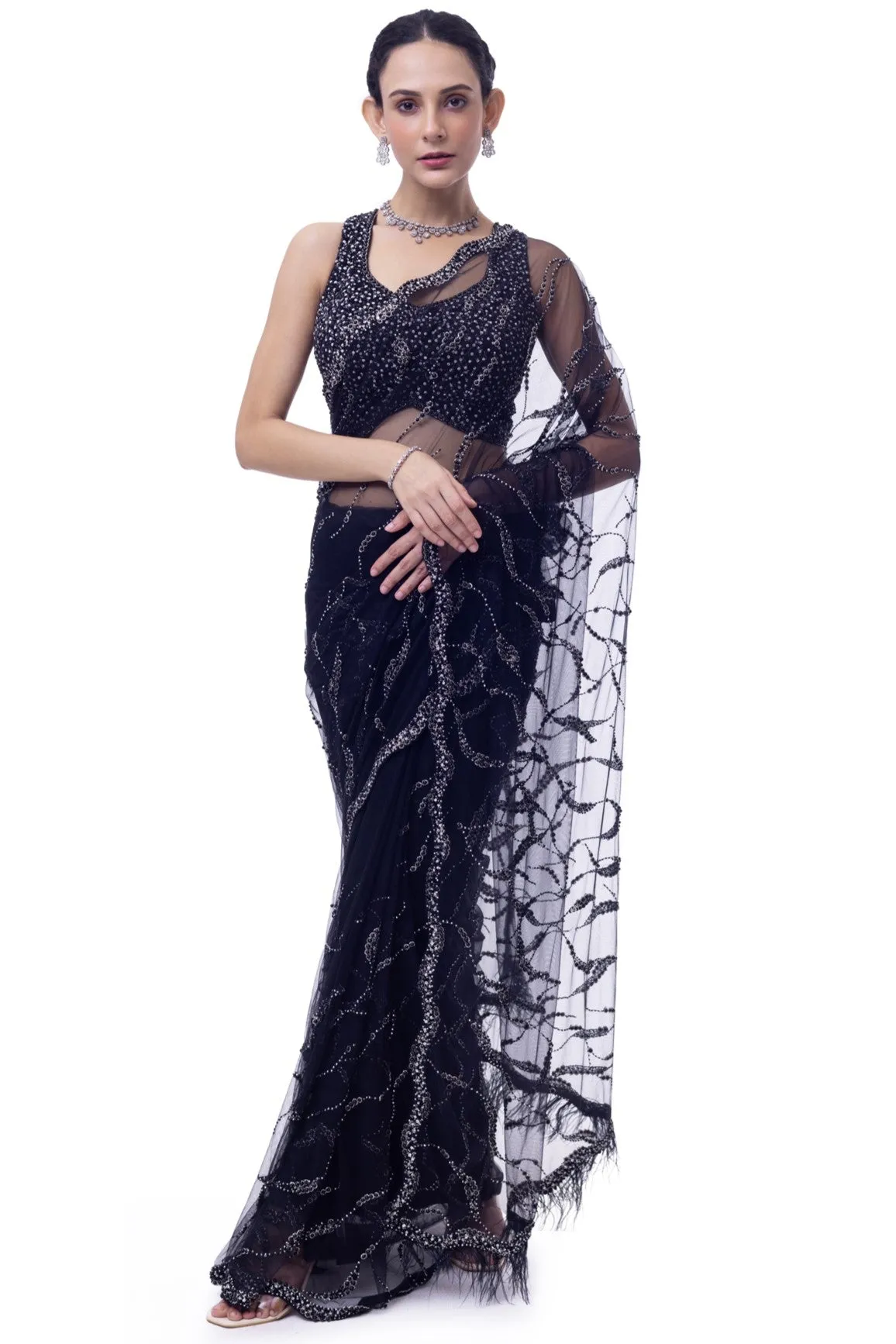 90Y034-RO Black Embroidered Net Saree with Blouse