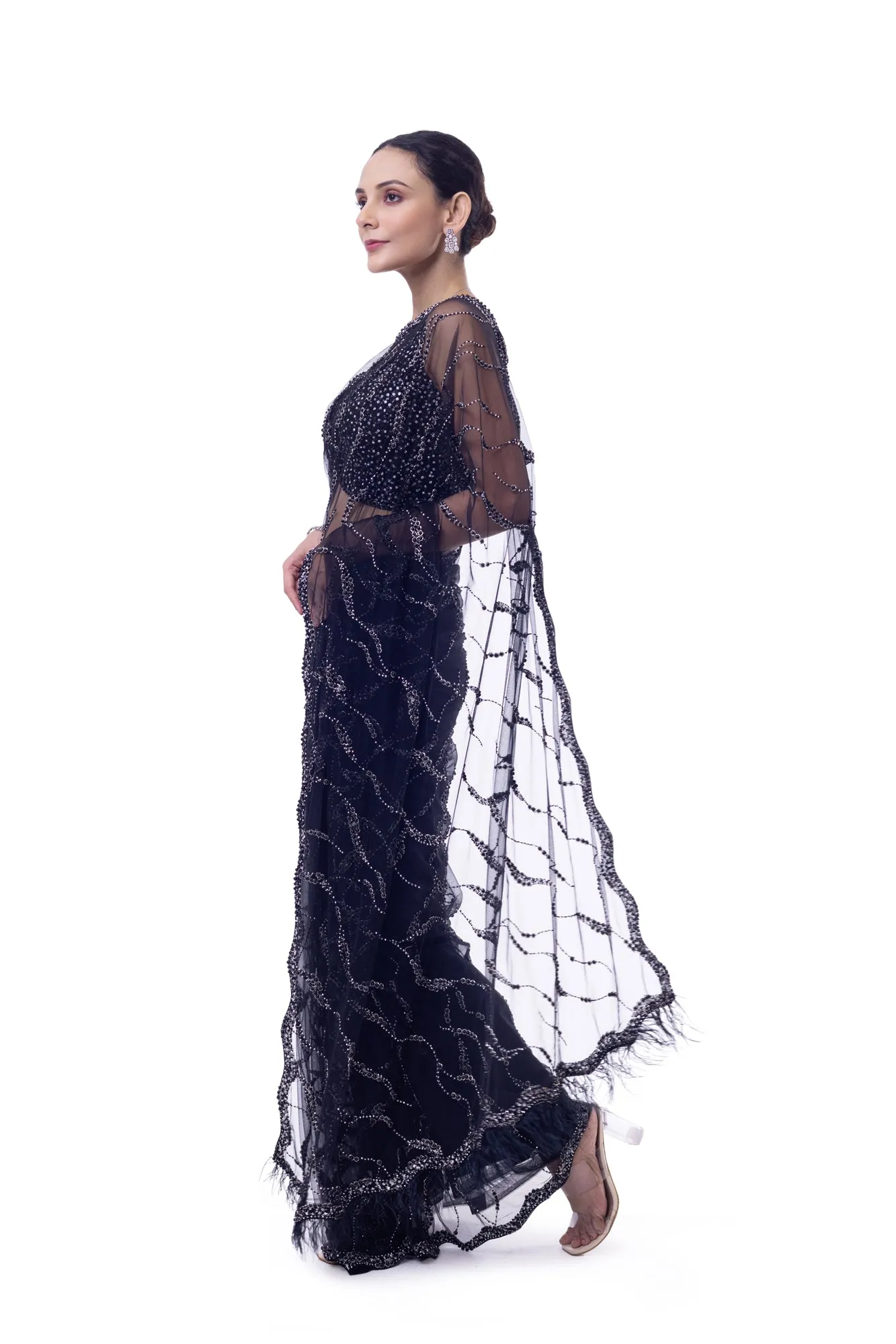 90Y034-RO Black Embroidered Net Saree with Blouse