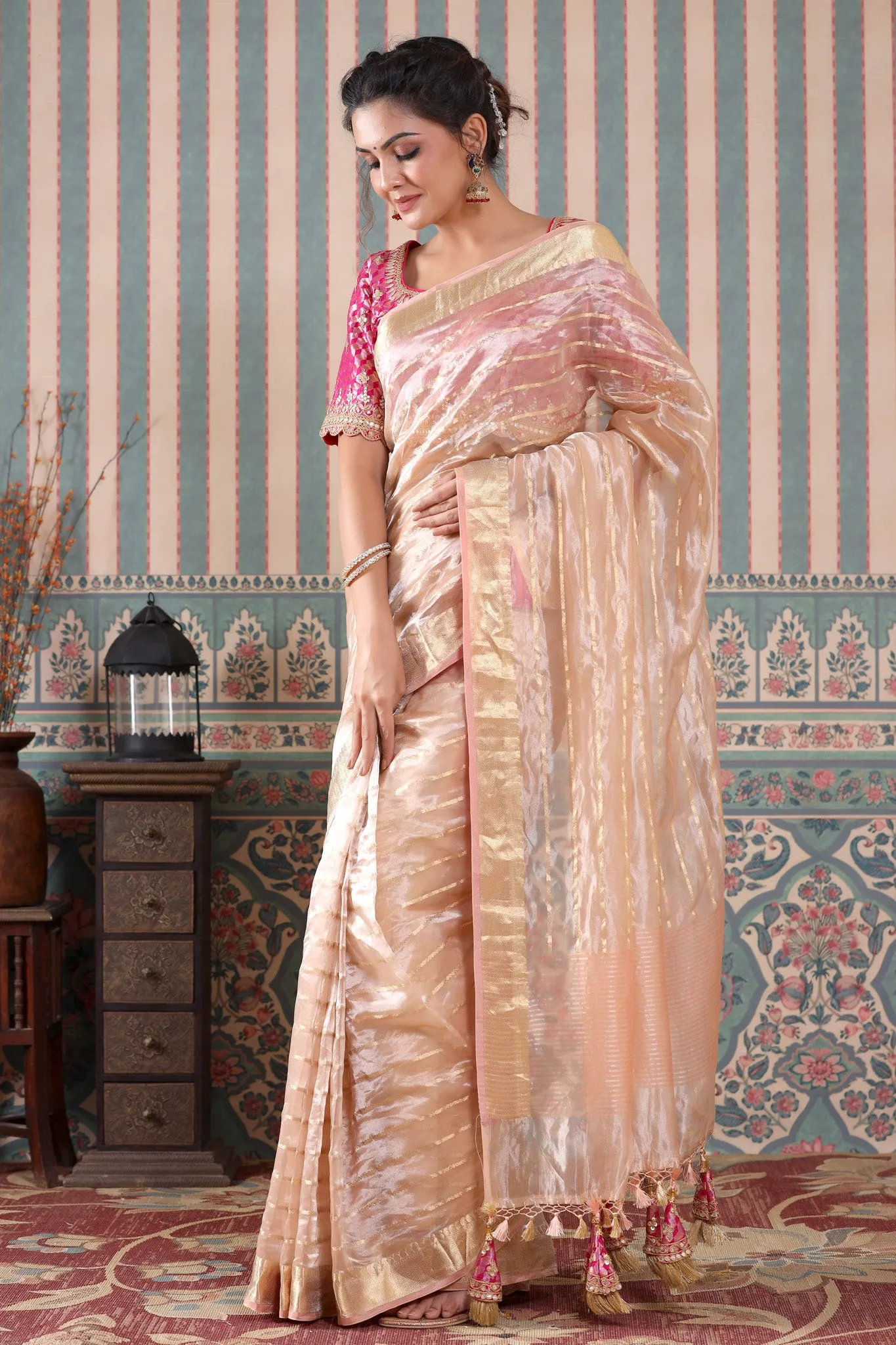 90Z540-RO Rose Gold Striped Tissue Silk Saree with Pink Saree Blouse