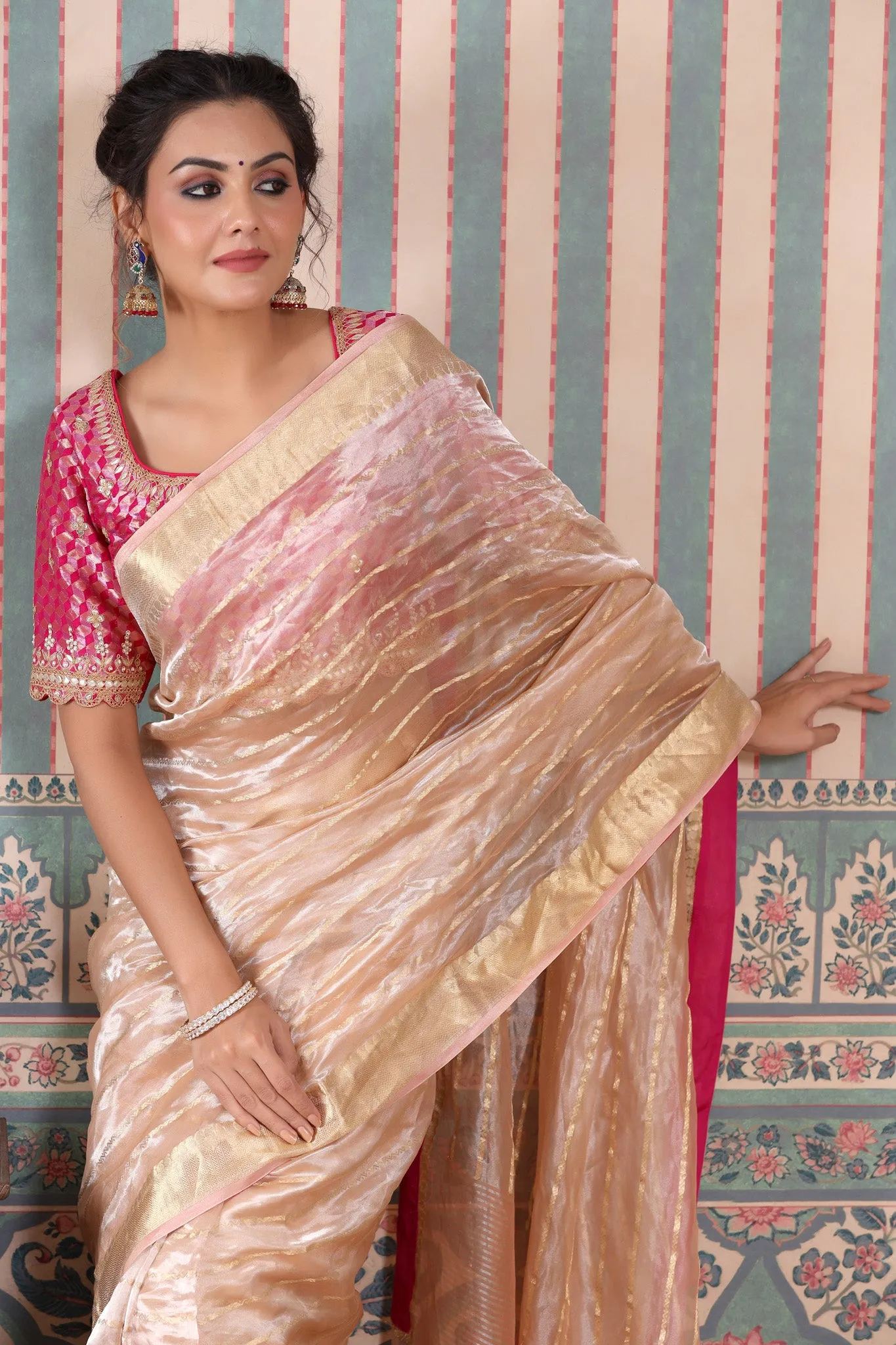 90Z540-RO Rose Gold Striped Tissue Silk Saree with Pink Saree Blouse