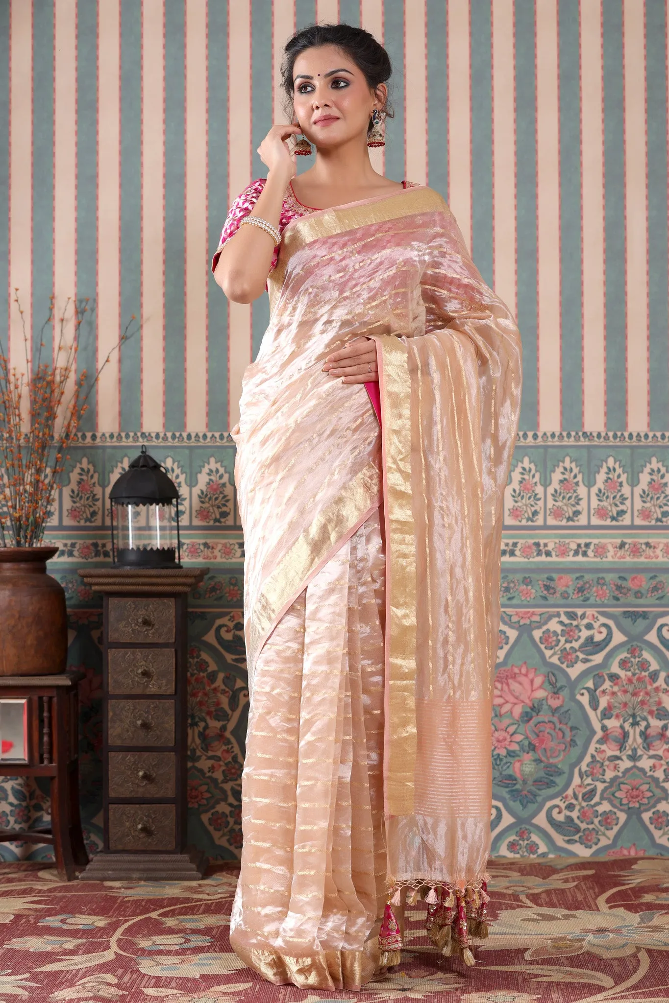 90Z540-RO Rose Gold Striped Tissue Silk Saree with Pink Saree Blouse