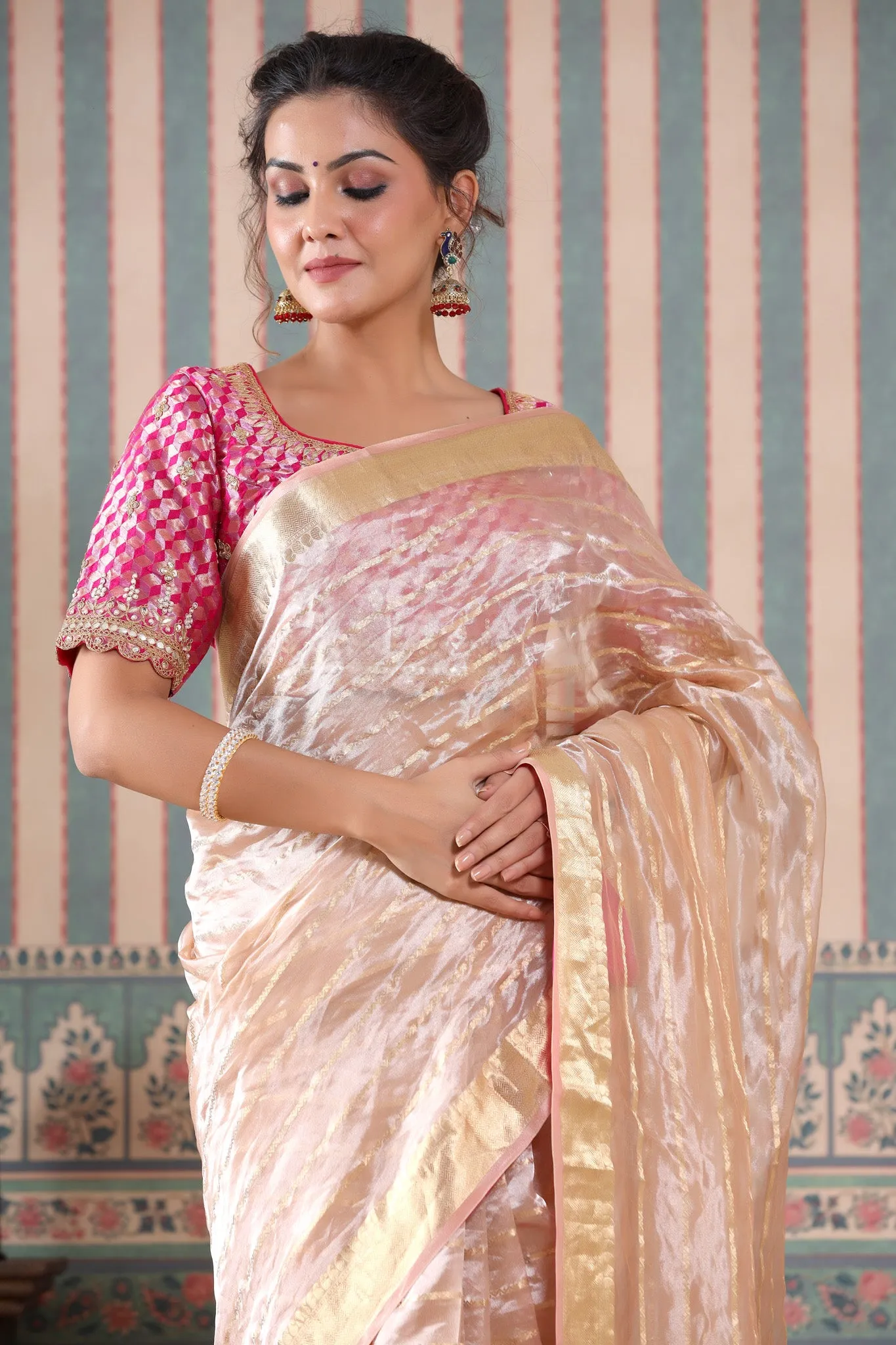 90Z540-RO Rose Gold Striped Tissue Silk Saree with Pink Saree Blouse