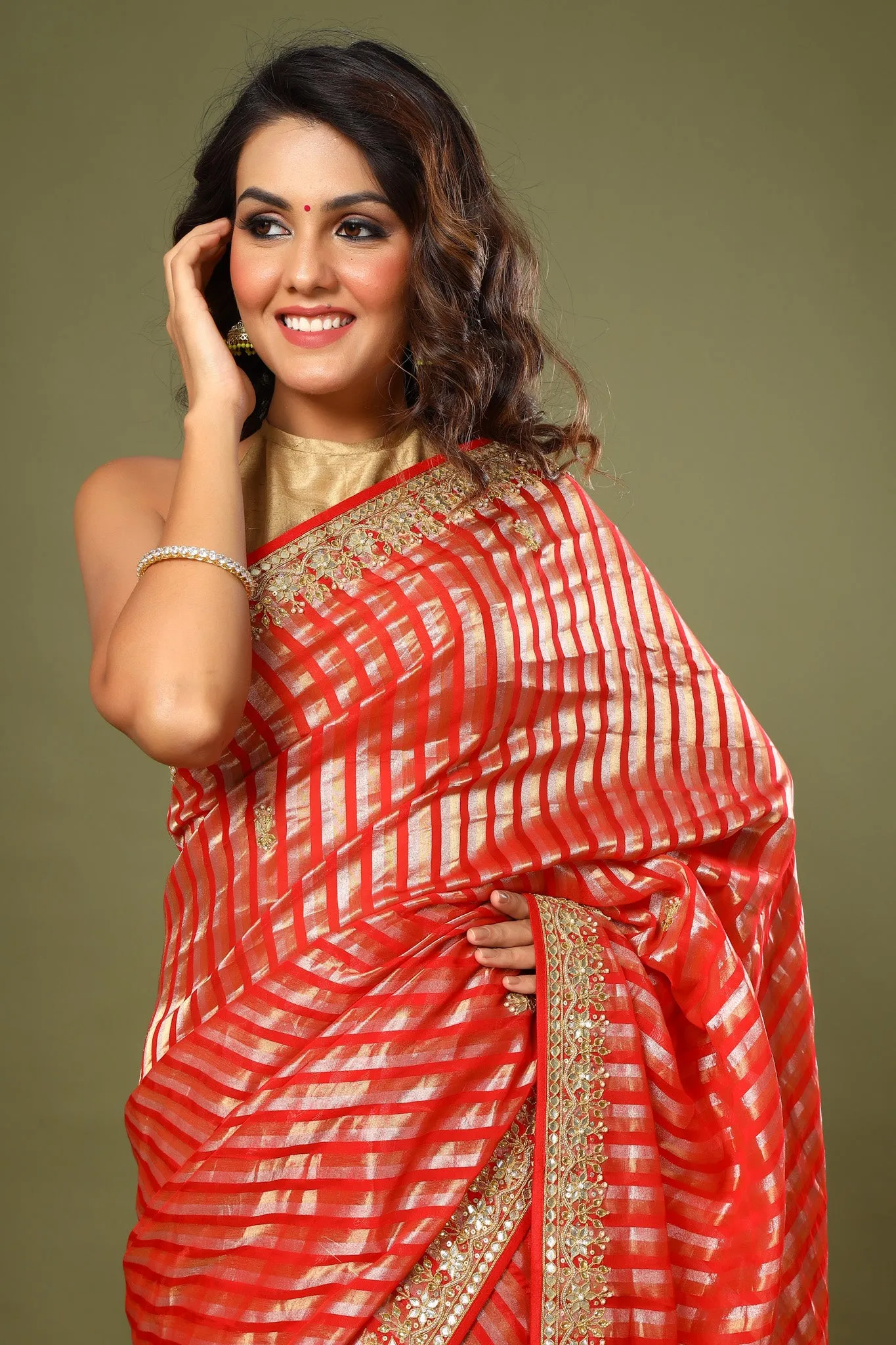 90Z571-NRO Red Striped Kora Banarasi Sari with Embroidered Border