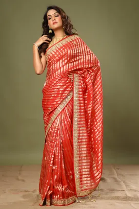 90Z571-NRO Red Striped Kora Banarasi Sari with Embroidered Border