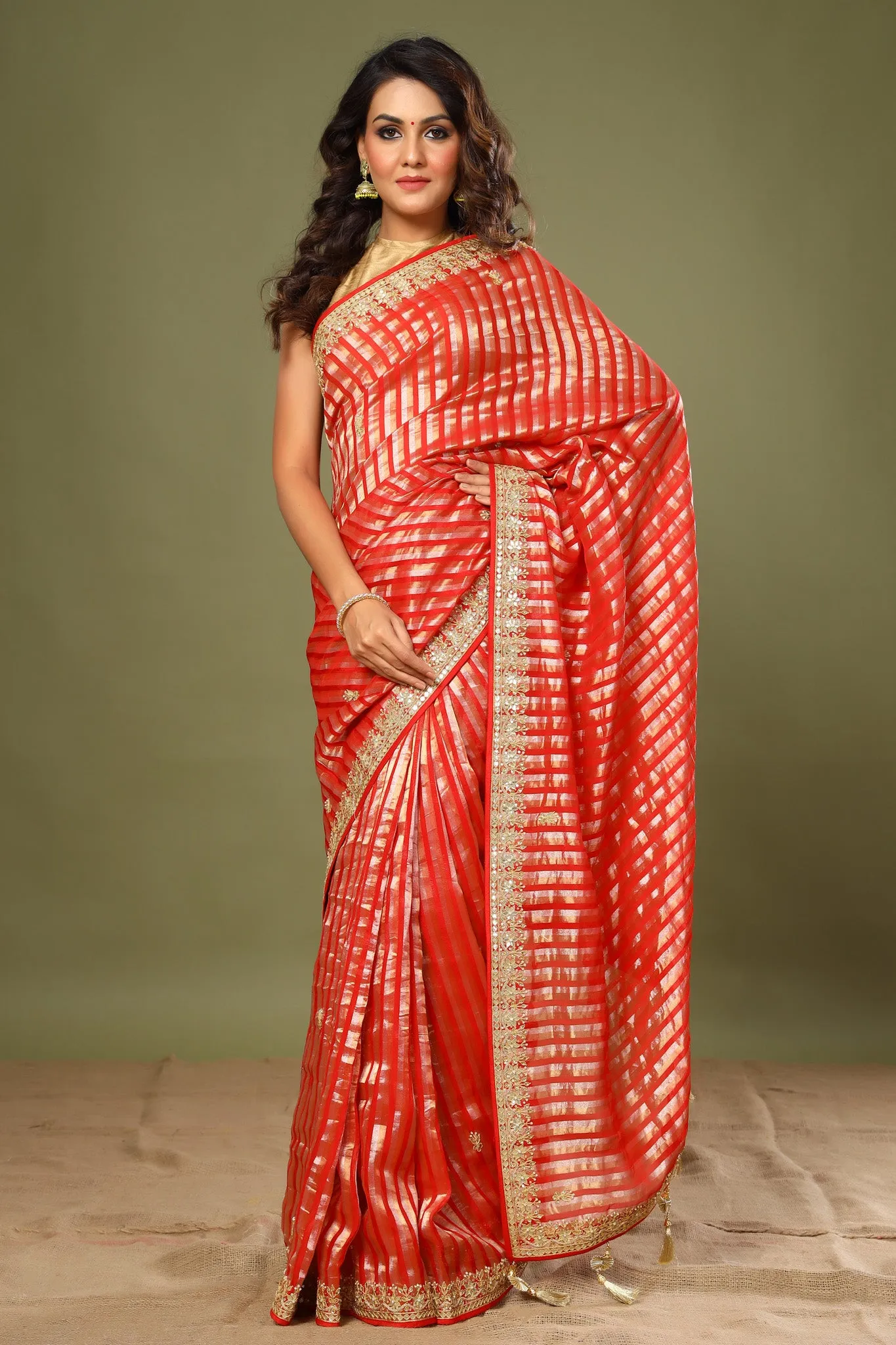 90Z571-NRO Red Striped Kora Banarasi Sari with Embroidered Border