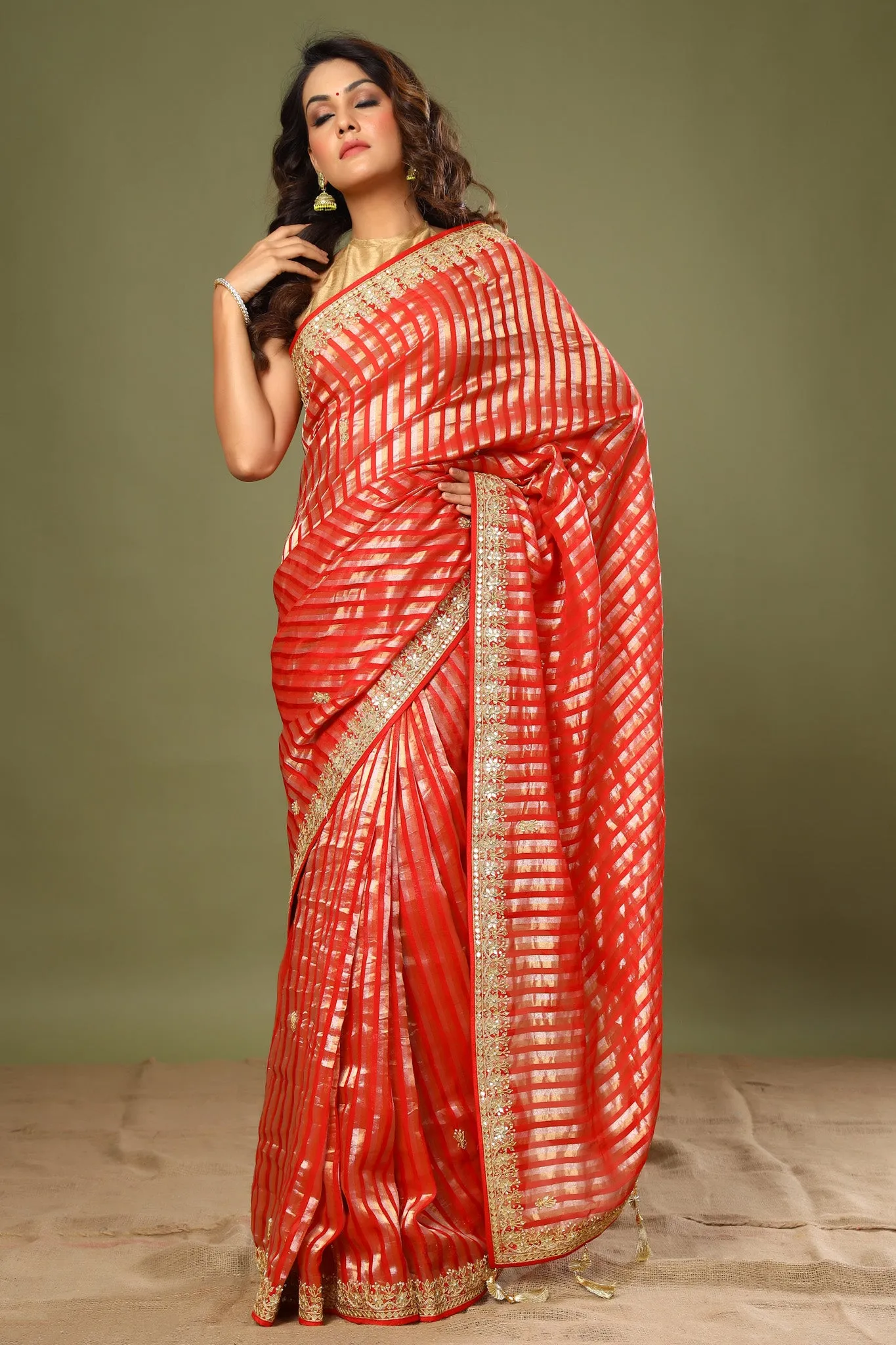 90Z571-NRO Red Striped Kora Banarasi Sari with Embroidered Border