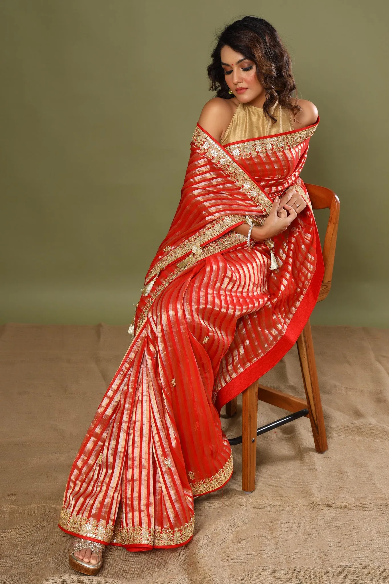 90Z571-NRO Red Striped Kora Banarasi Sari with Embroidered Border