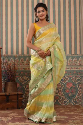 90Z636-NRO Yellow and Green Organza Sari with Gota Patti Border