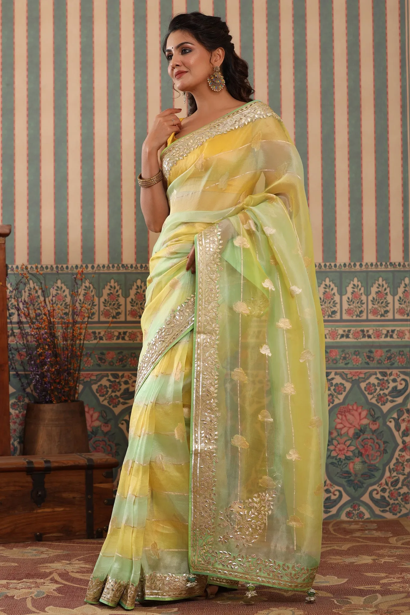 90Z636-NRO Yellow and Green Organza Sari with Gota Patti Border