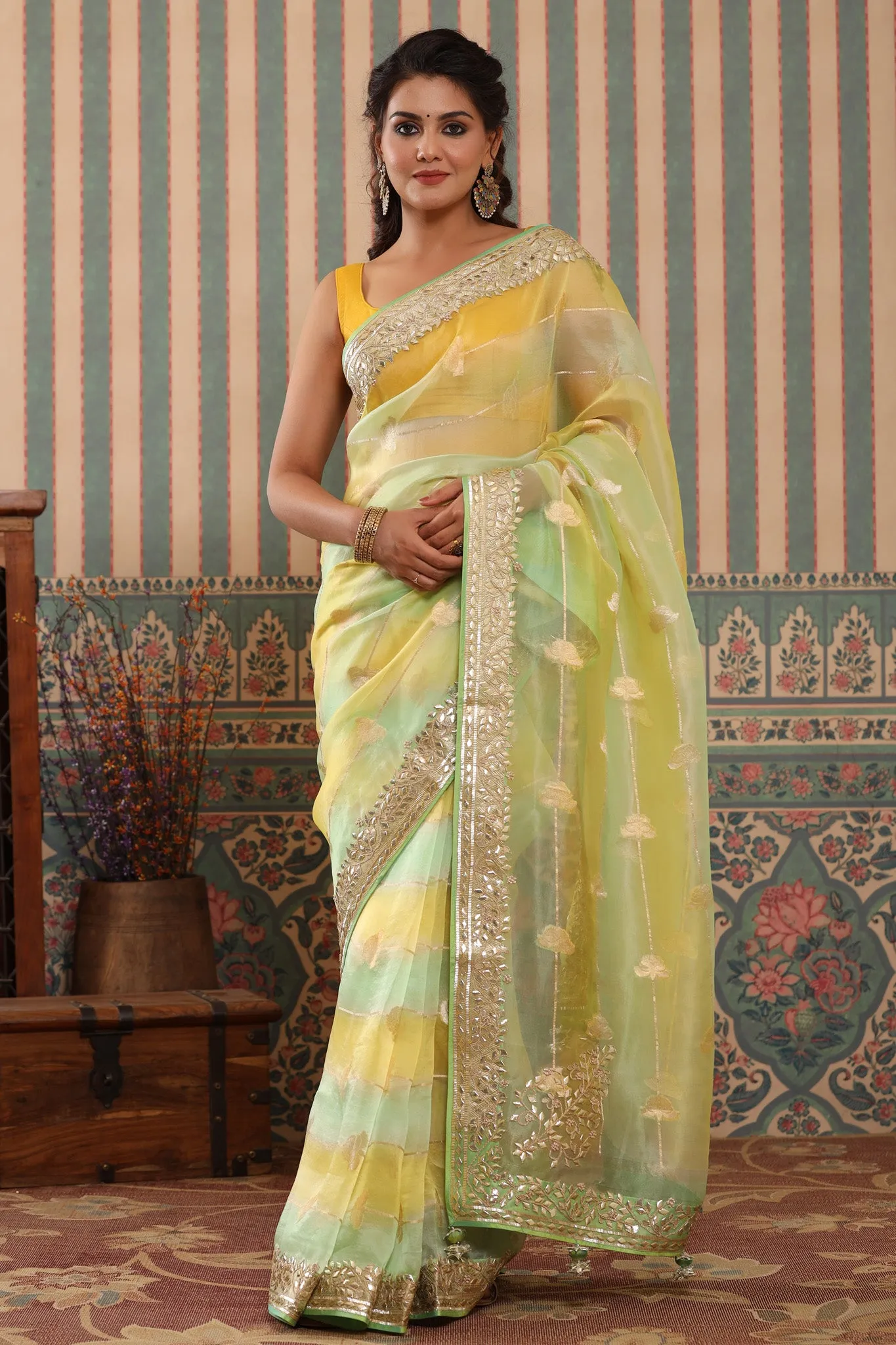 90Z636-NRO Yellow and Green Organza Sari with Gota Patti Border